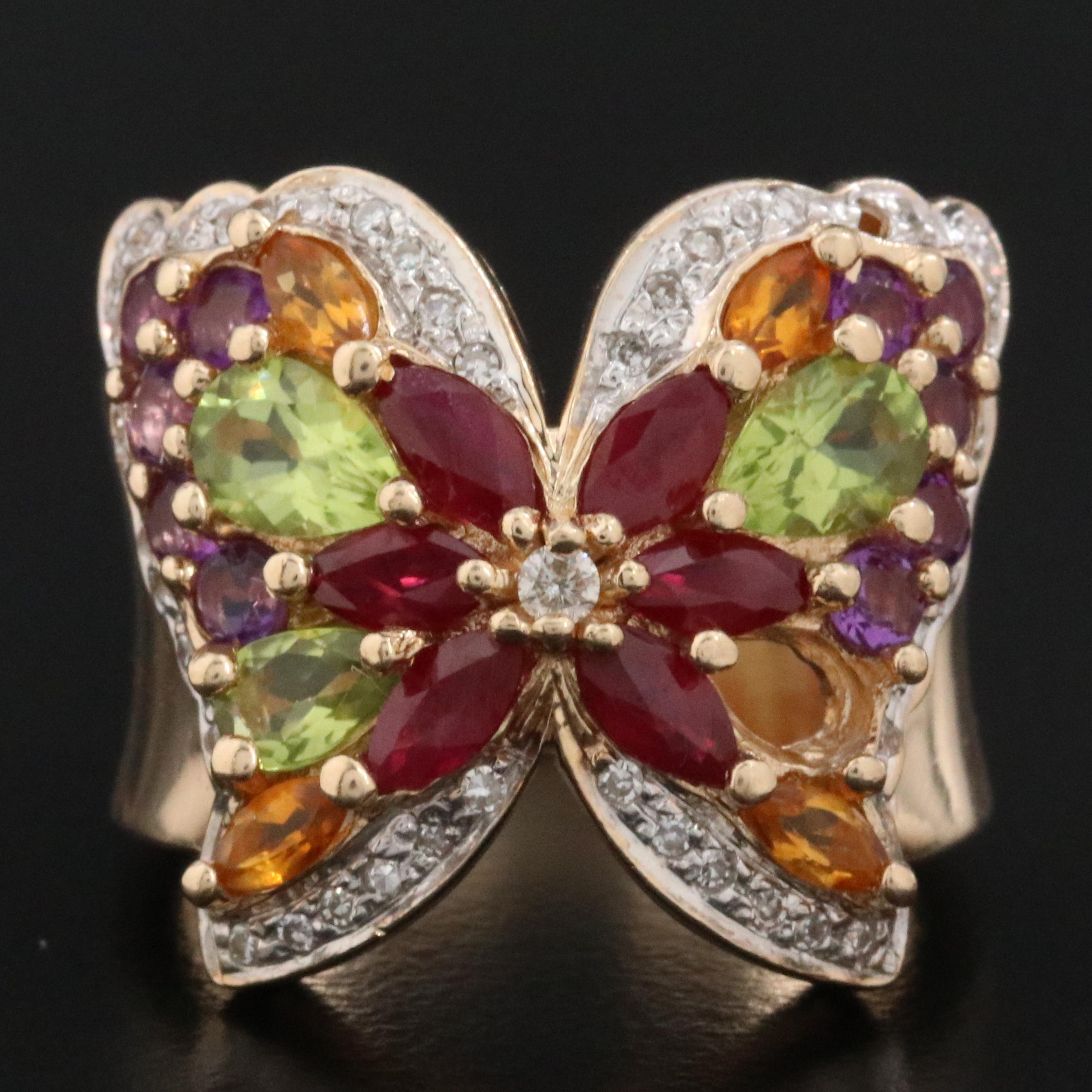 14K Colored Gemstone and Diamond Butterfly Ring