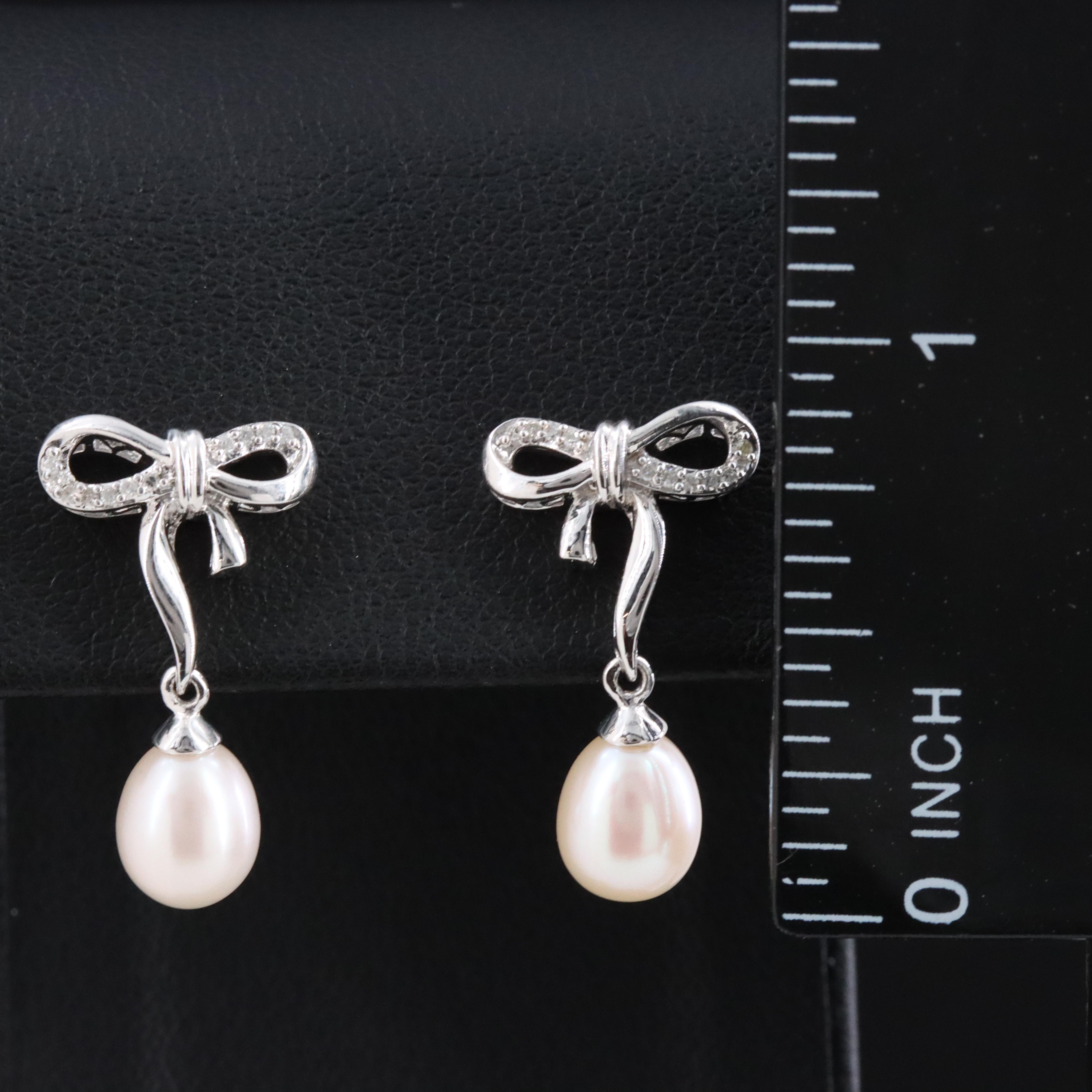 Sterling Pearl and Diamond Bow Drop Earrings