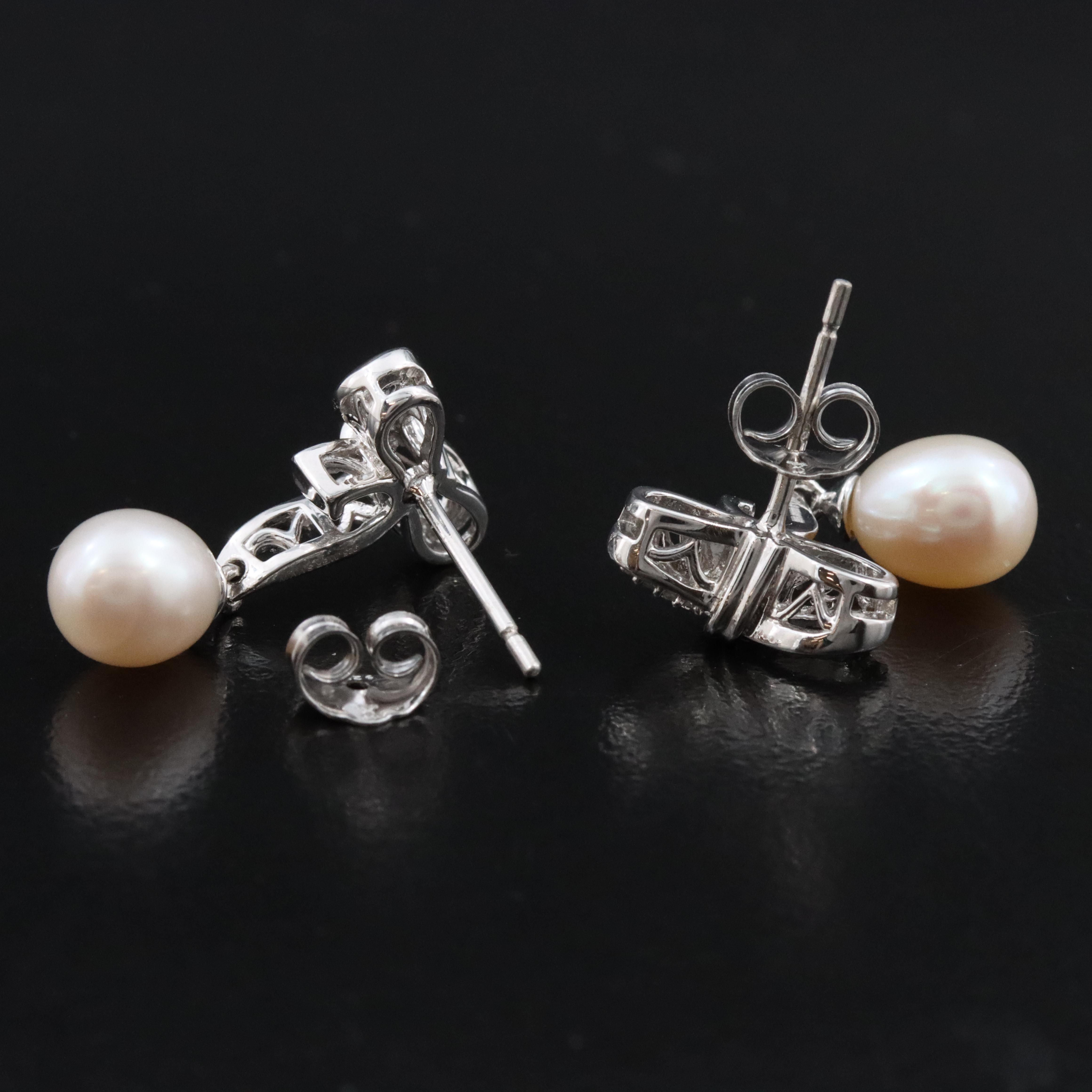Sterling Pearl and Diamond Bow Drop Earrings