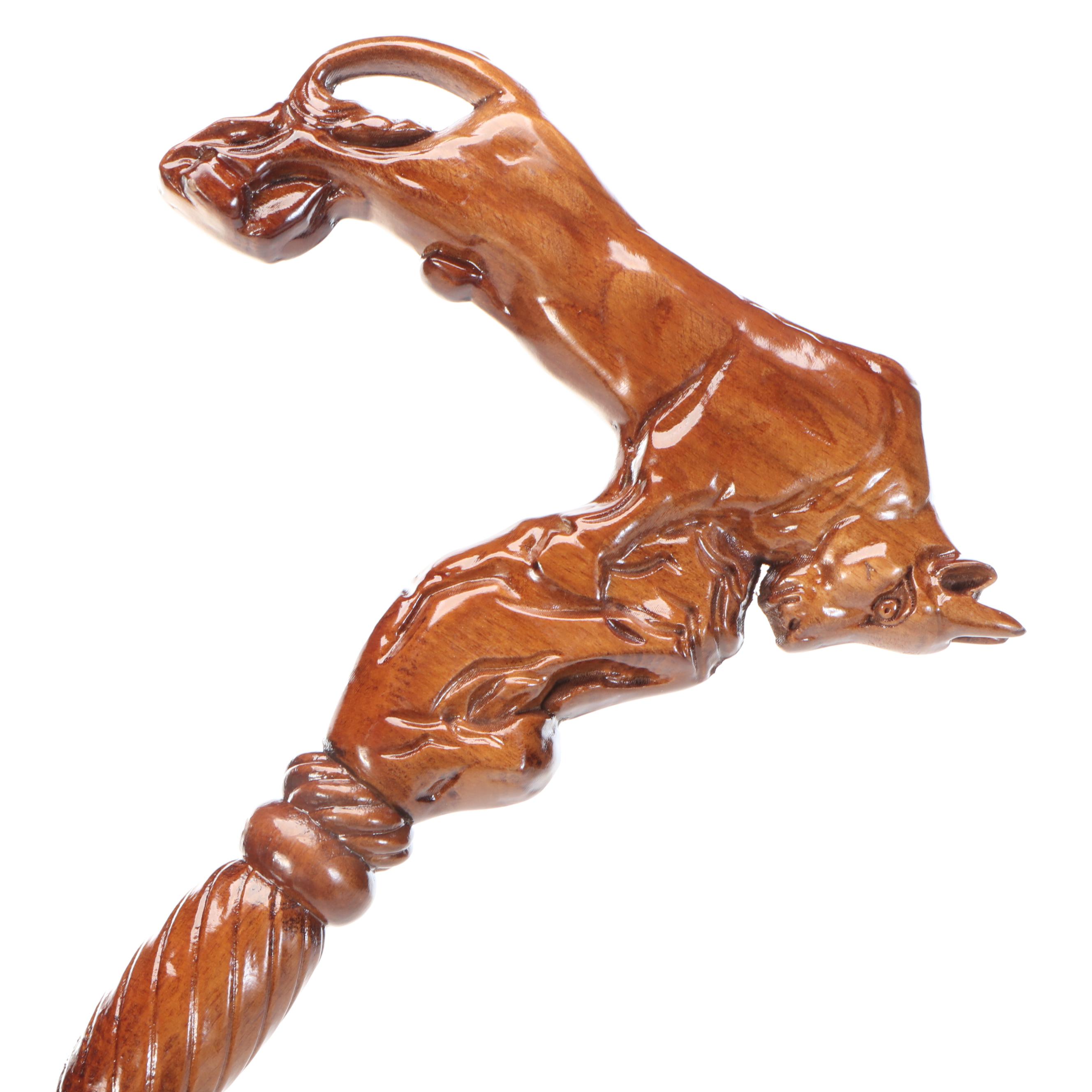 Carved Wood Charging Bull Two Piece Cane