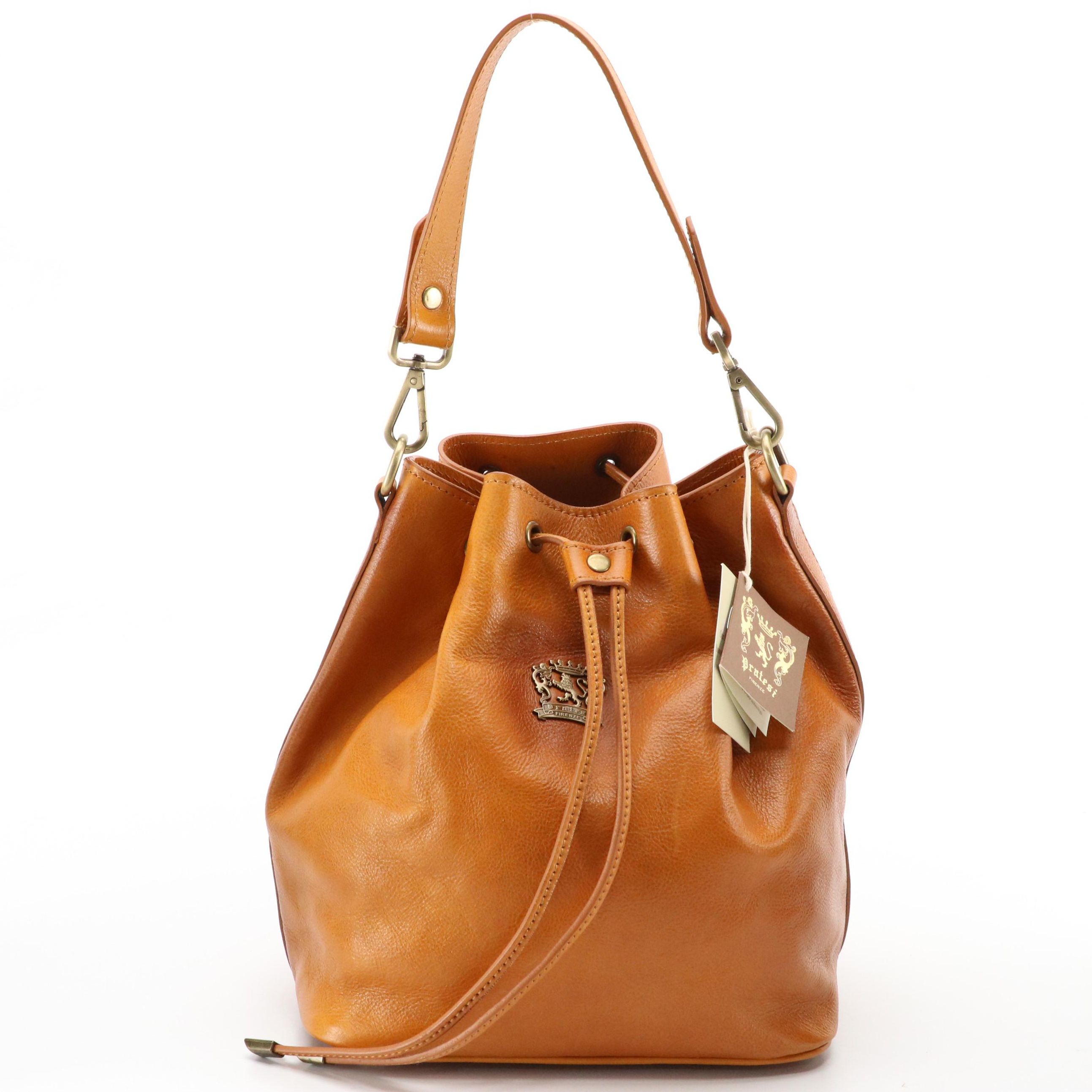 Pratesi Firenze Sorano Drawstring Bucket Bag in Cognac Tanned Cowhide Leather