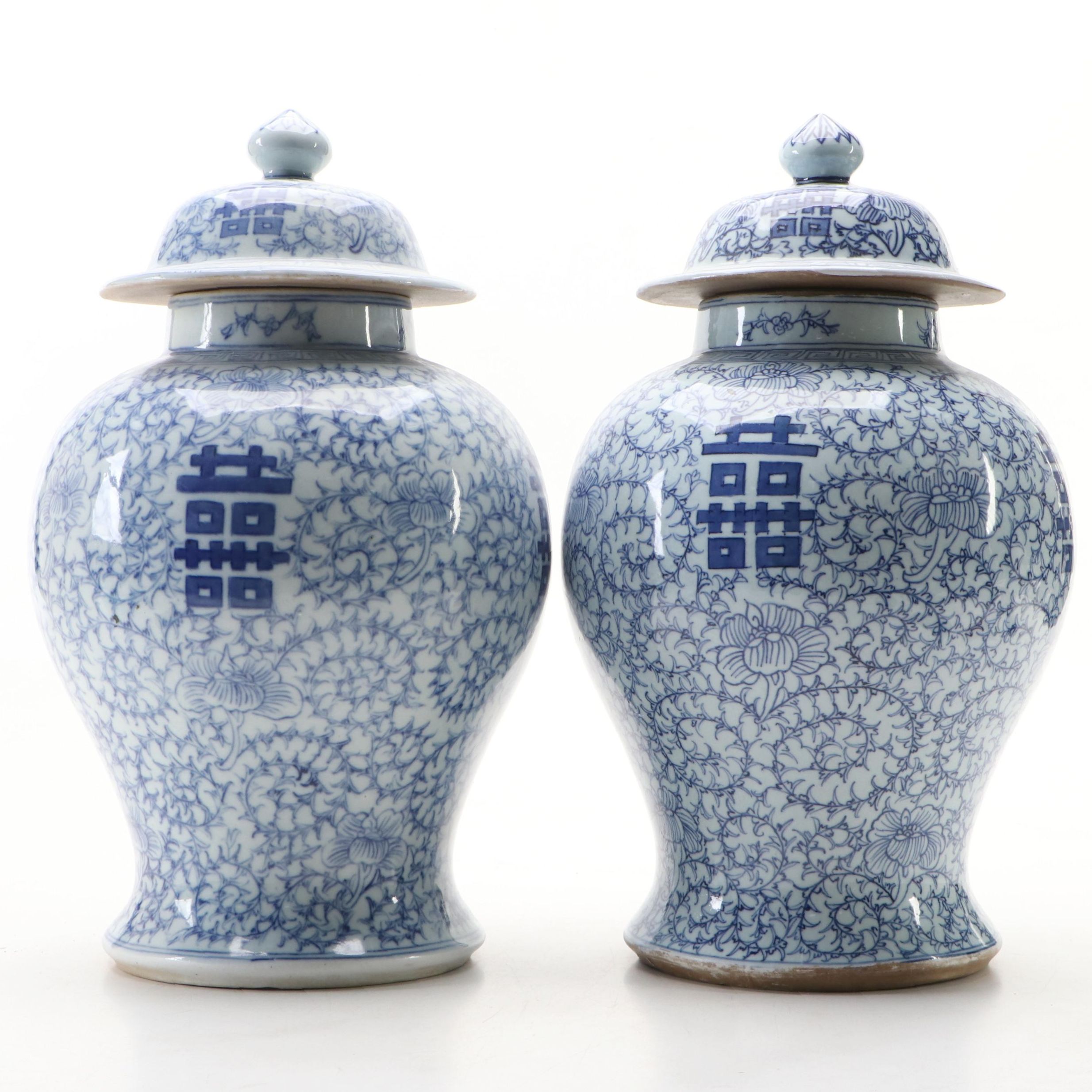 Pair of Chinese Porcelain Double Happiness Blue and White Ginger Jars