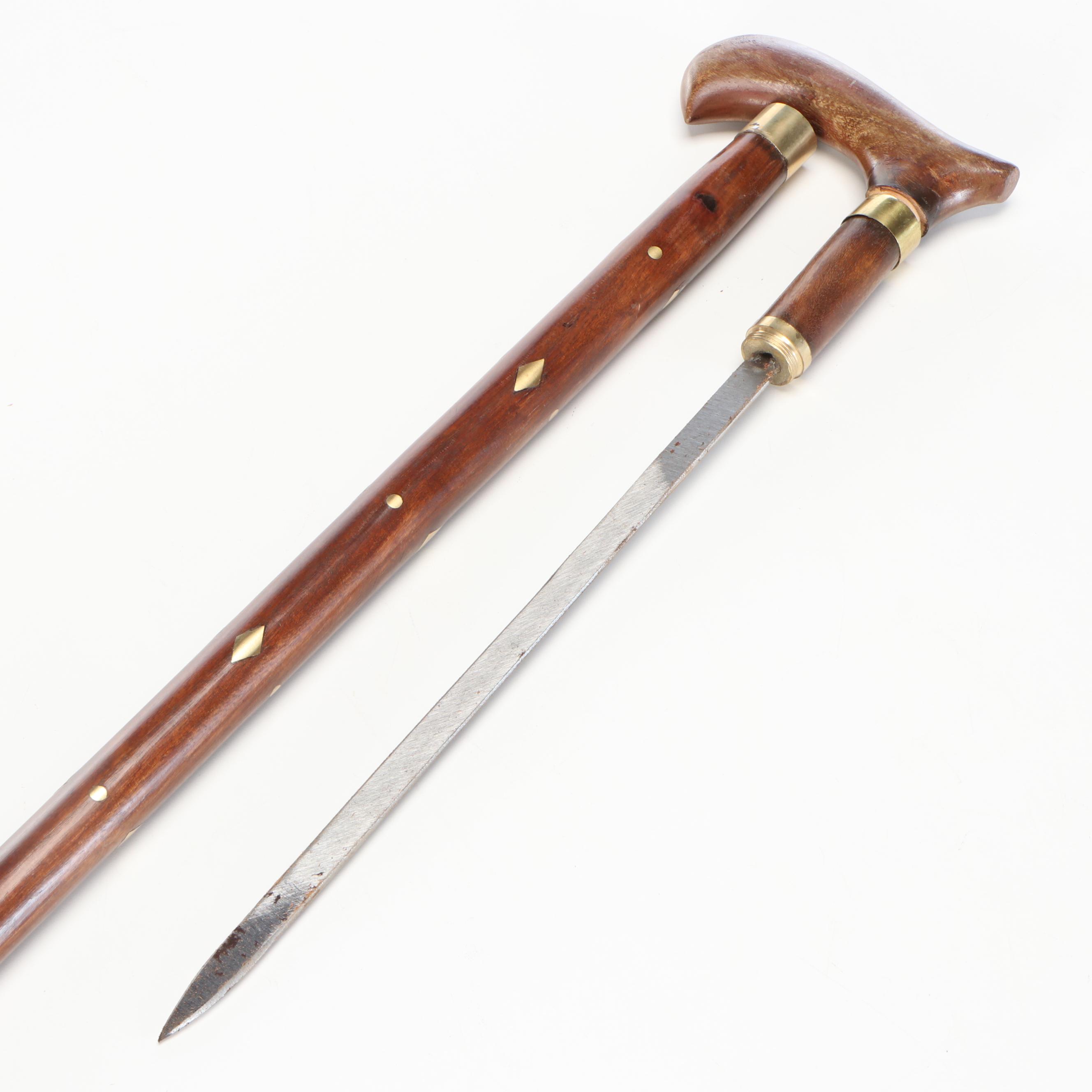 Wood with Brass Inlay Derby Handle Sword Cane
