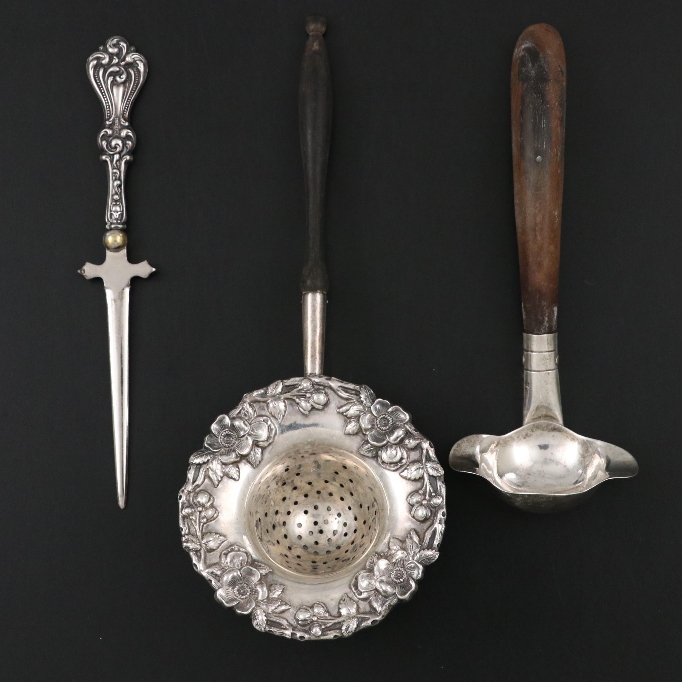Sterling Silver Tea Strainer, Ladle and Letter Opener