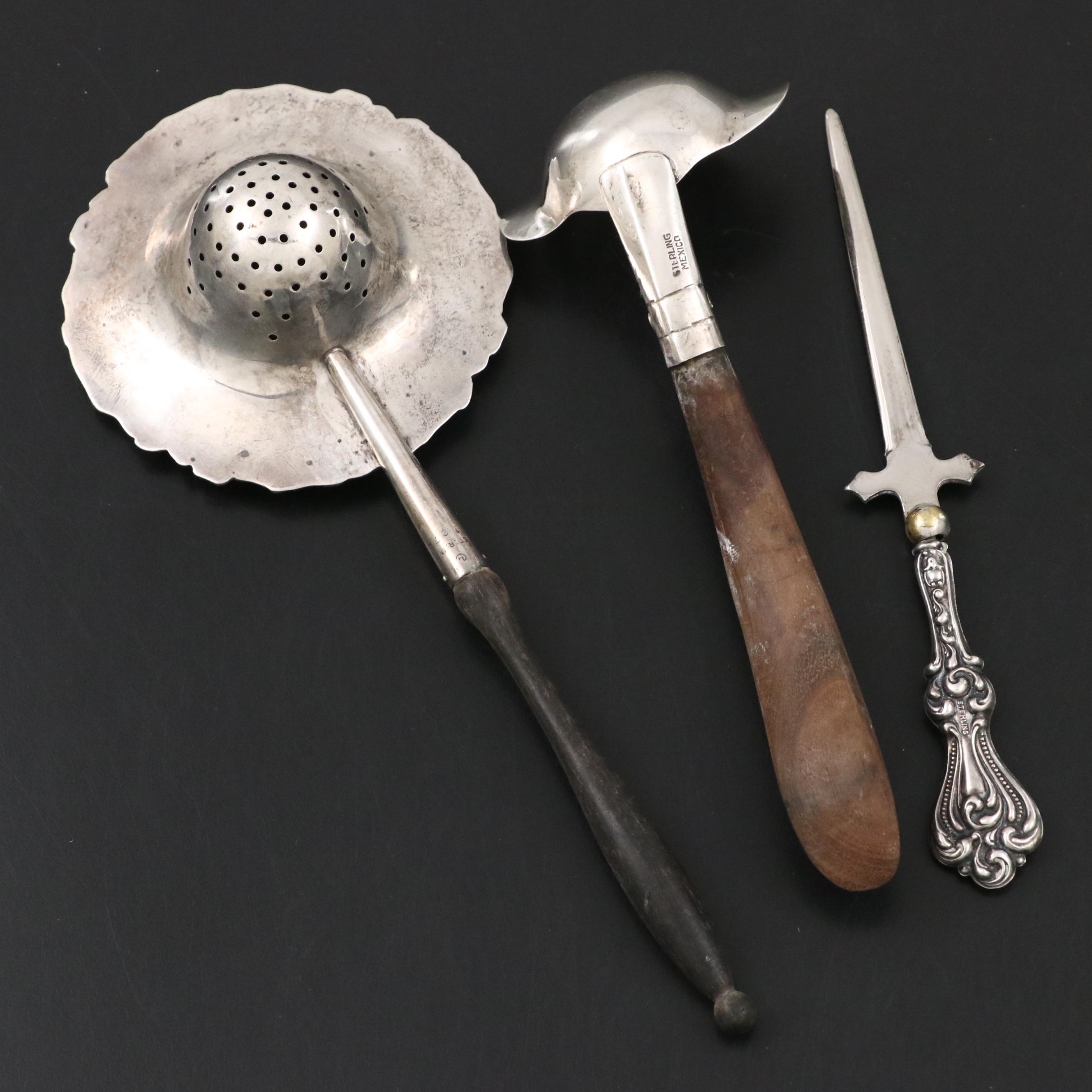 Sterling Silver Tea Strainer, Ladle and Letter Opener