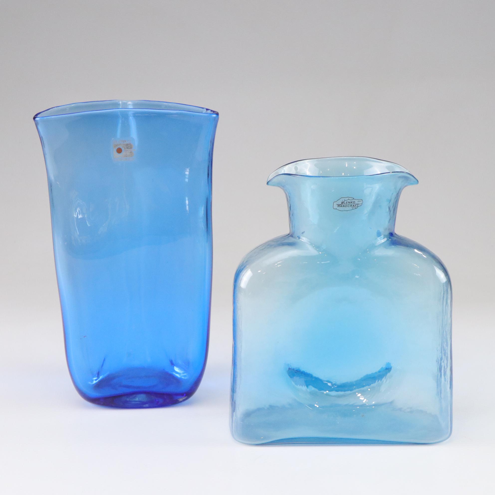 Blenko Sea-Breeze Blue Hand-Blown Glass Pitcher and Vase