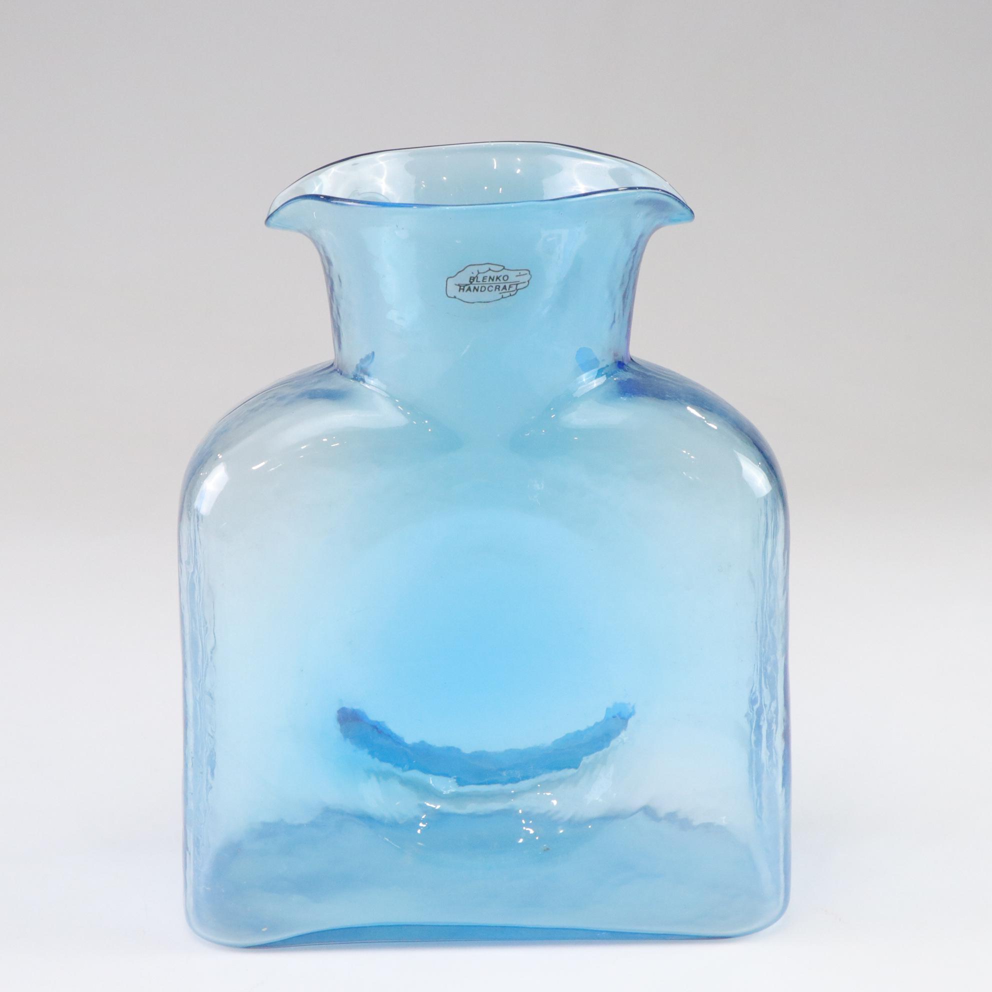 Blenko Sea-Breeze Blue Hand-Blown Glass Pitcher and Vase