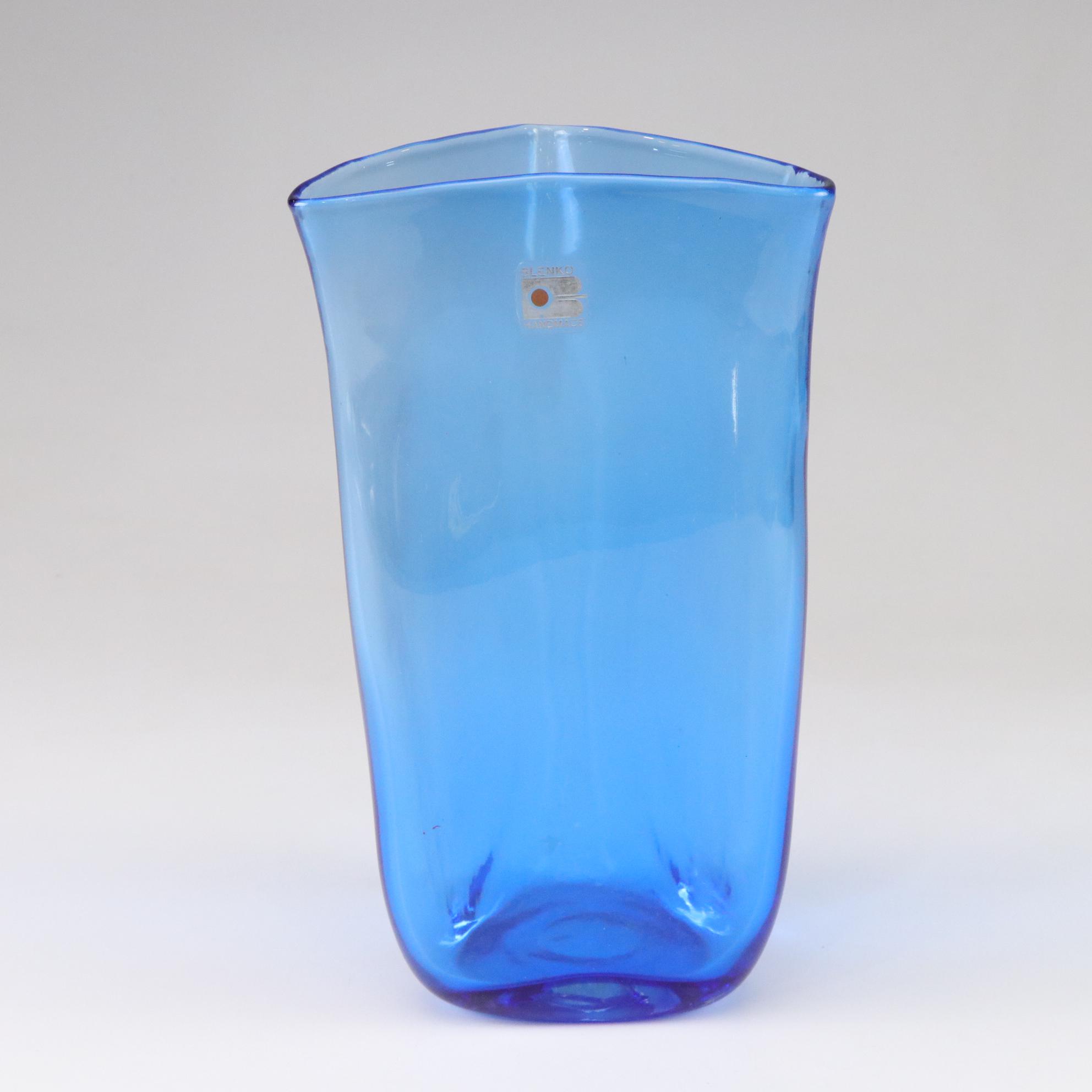 Blenko Sea-Breeze Blue Hand-Blown Glass Pitcher and Vase