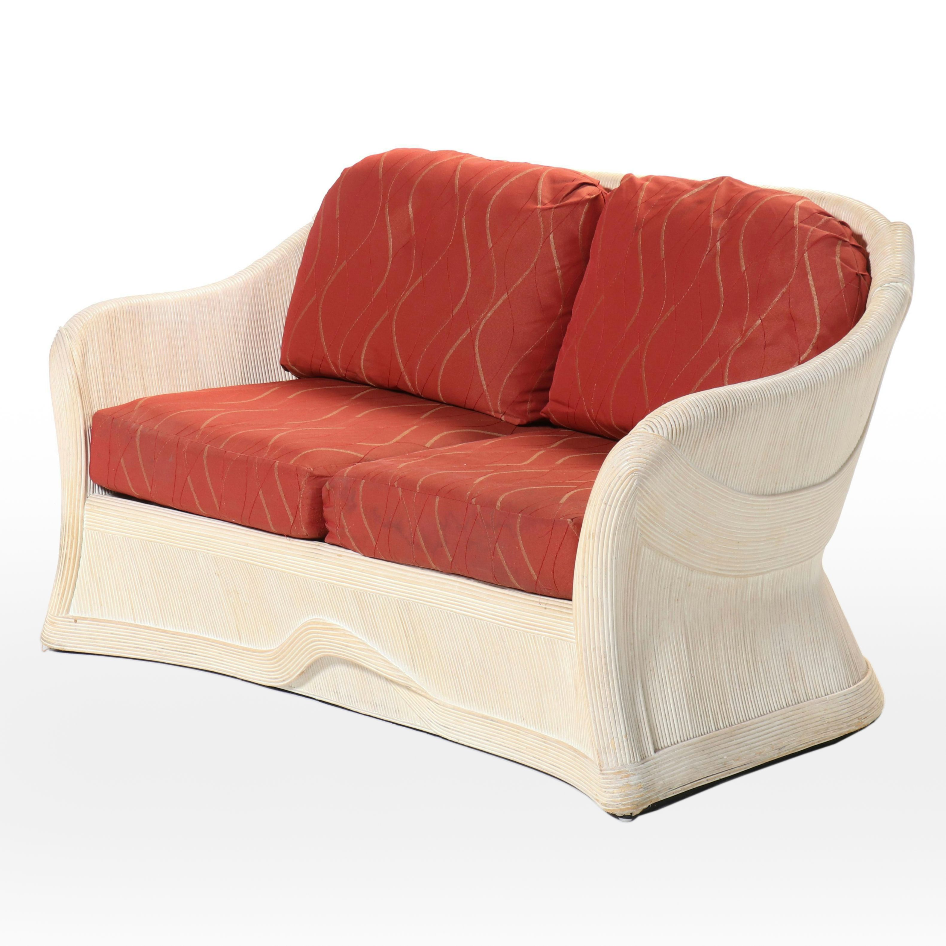 "Bodega Bay" Modernist Split-Reed Rattan Loveseat, Style of Betty Cobonpue