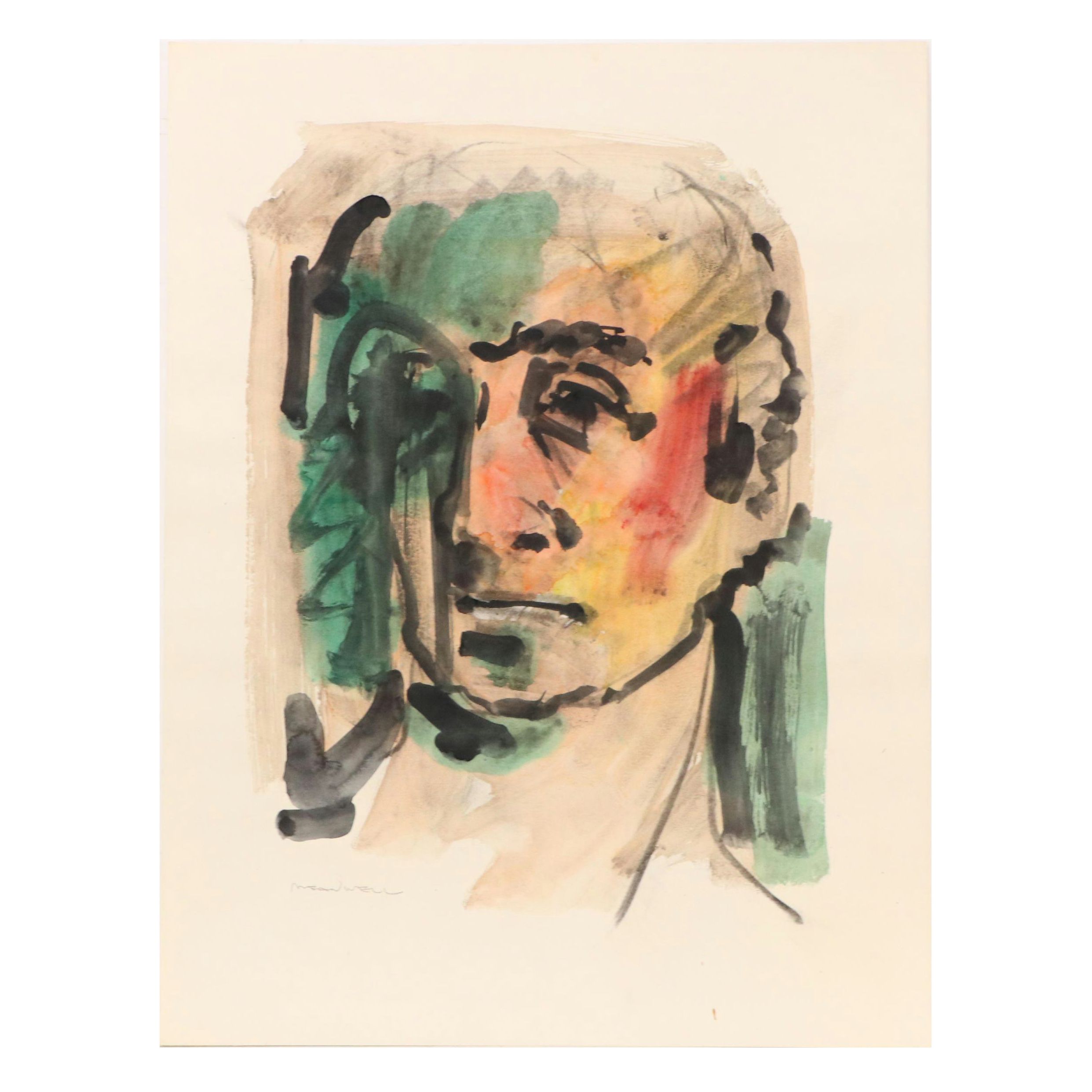 Jack Meanwell Modern Watercolor Portrait, Late 20th Century