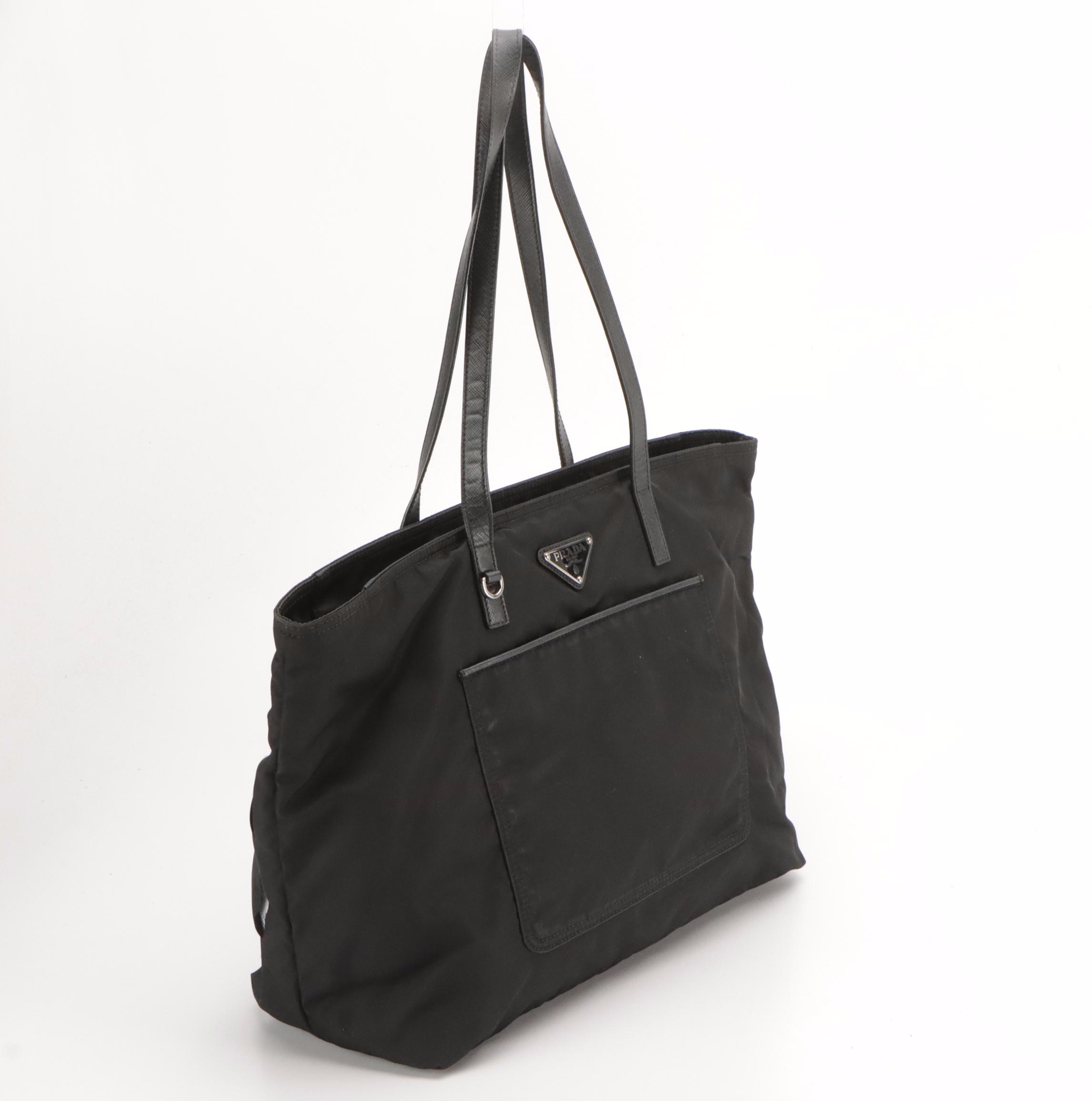 Prada Black Tessuto Nylon Front Pocket Shoulder Tote with Saffiano Leather Trim
