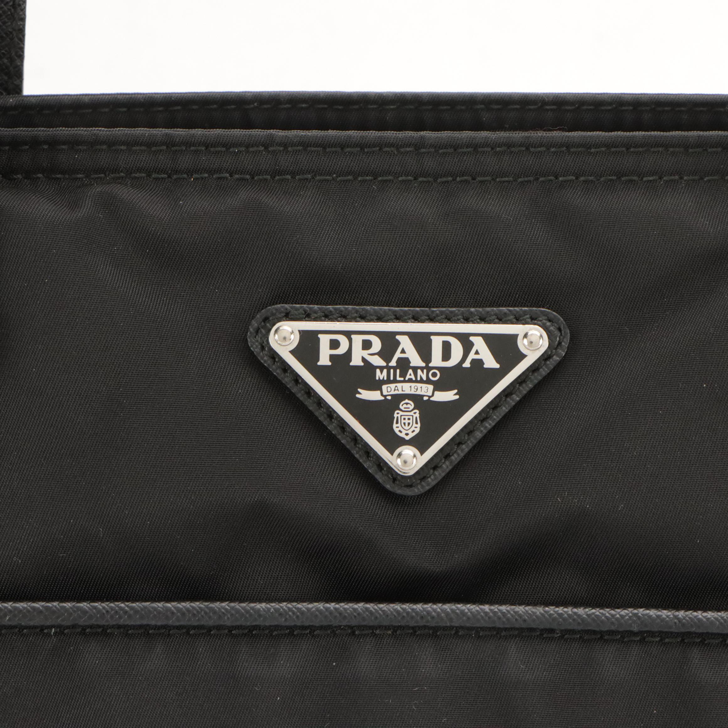 Prada Black Tessuto Nylon Front Pocket Shoulder Tote with Saffiano Leather Trim
