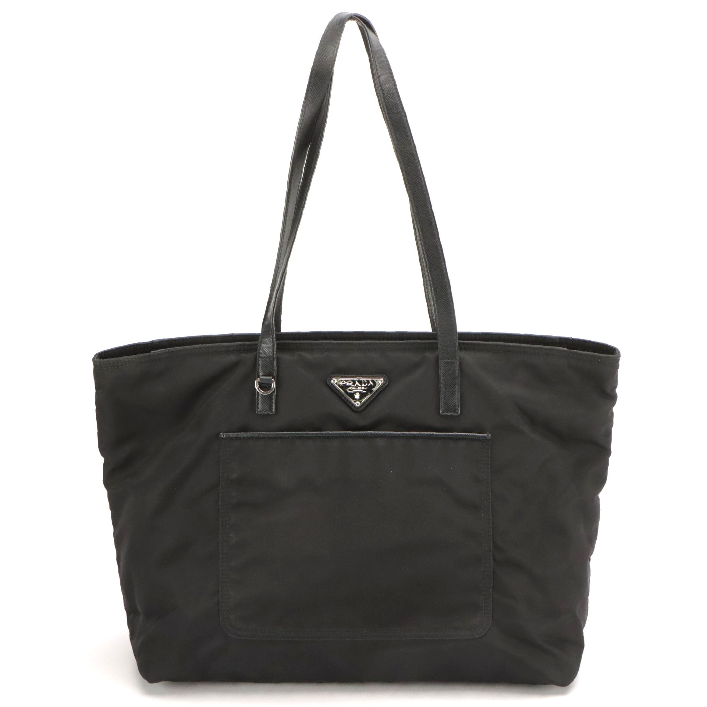 Prada Black Tessuto Nylon Front Pocket Shoulder Tote with Saffiano Leather Trim