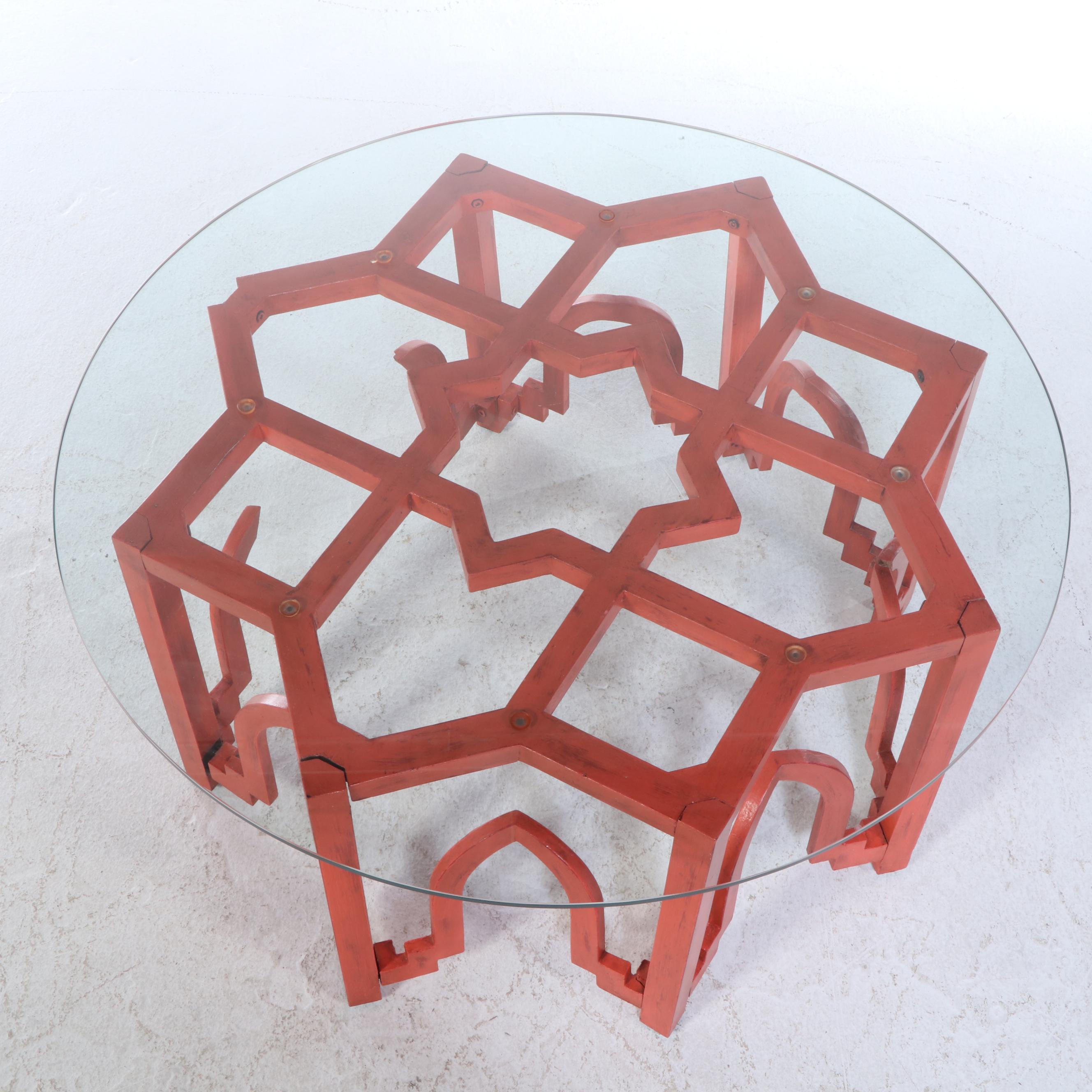 Moroccan Style Painted Wood and Glass Coffee Table