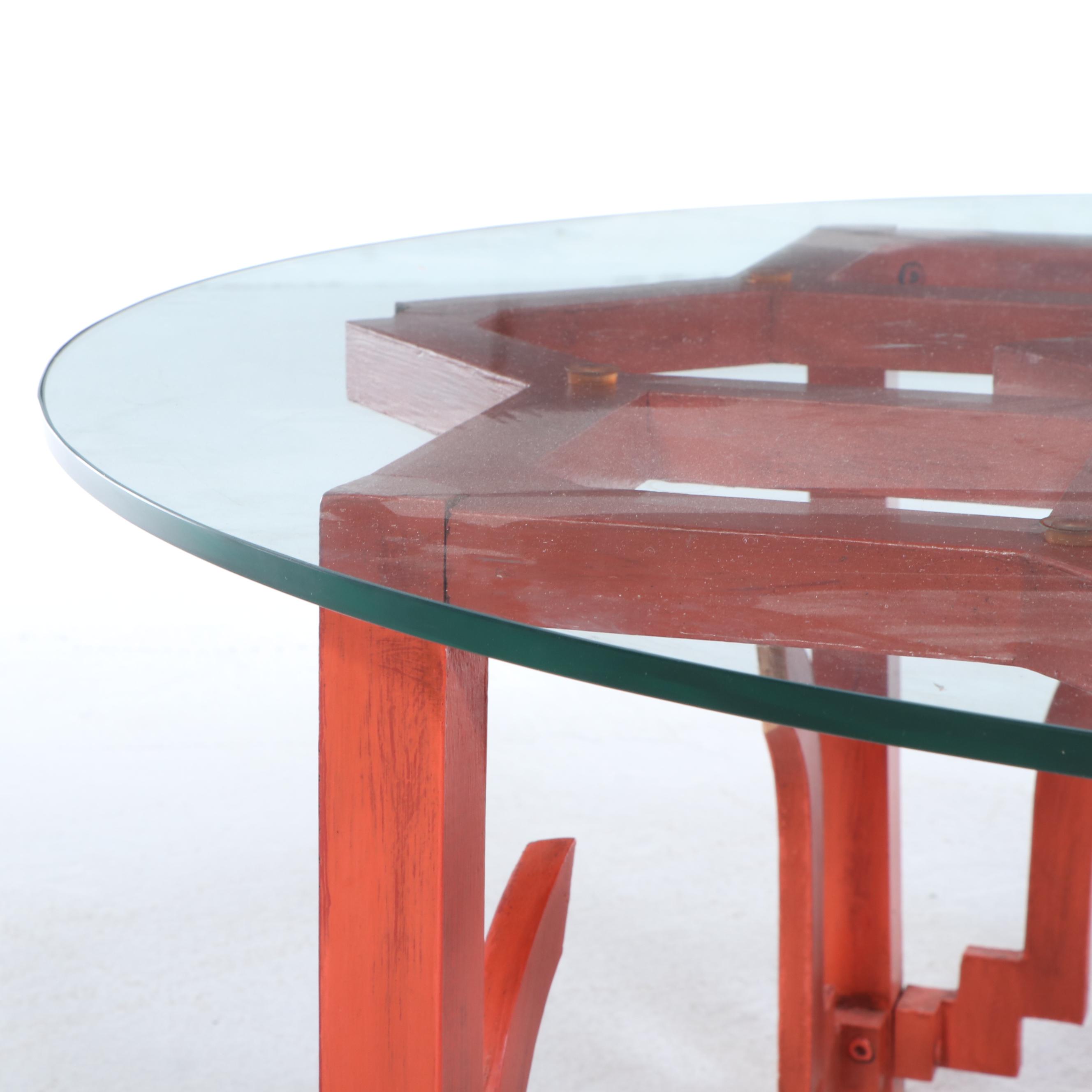 Moroccan Style Painted Wood and Glass Coffee Table