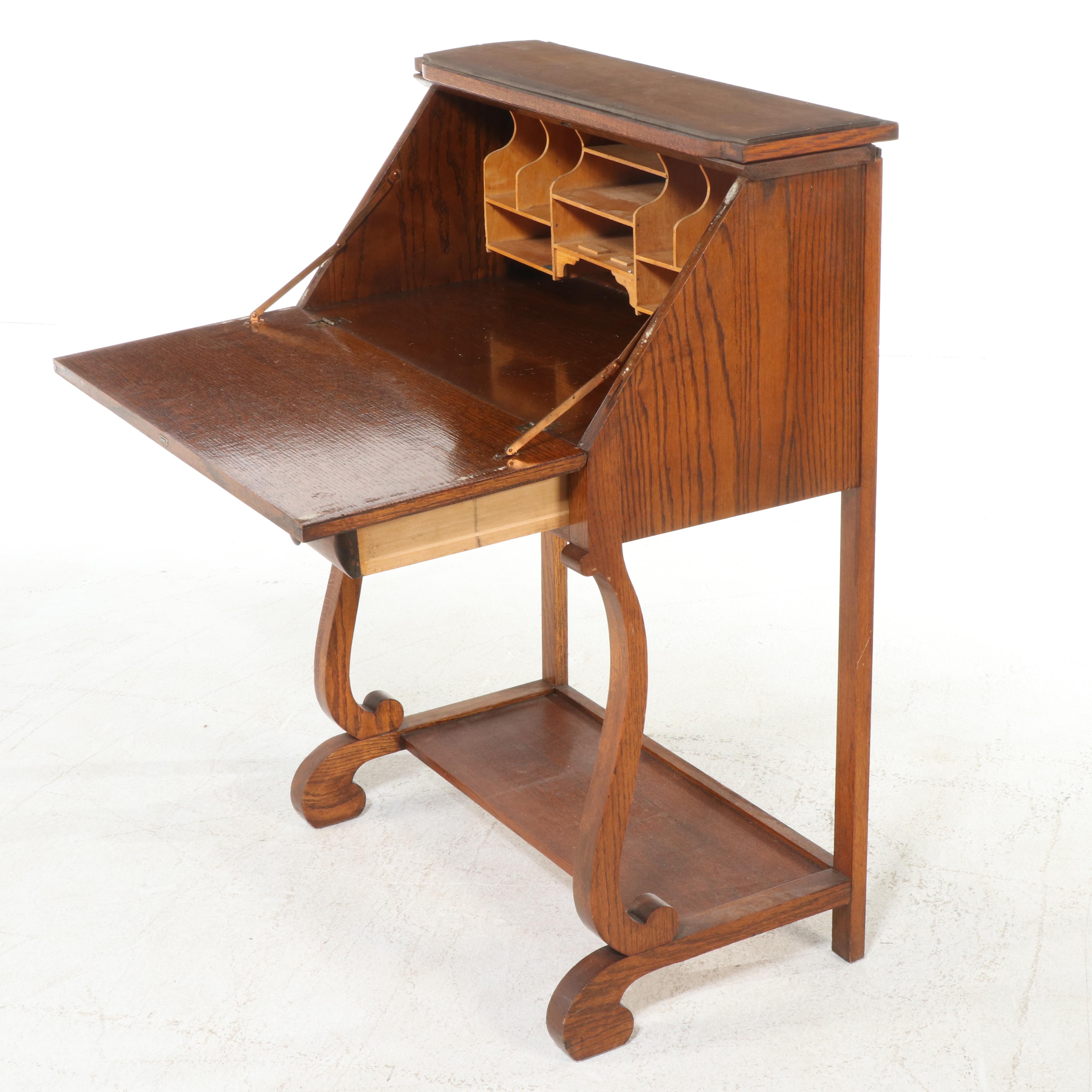 American Empire Revival Quartersawn Oak Drop-Front Desk, Early 20th Century