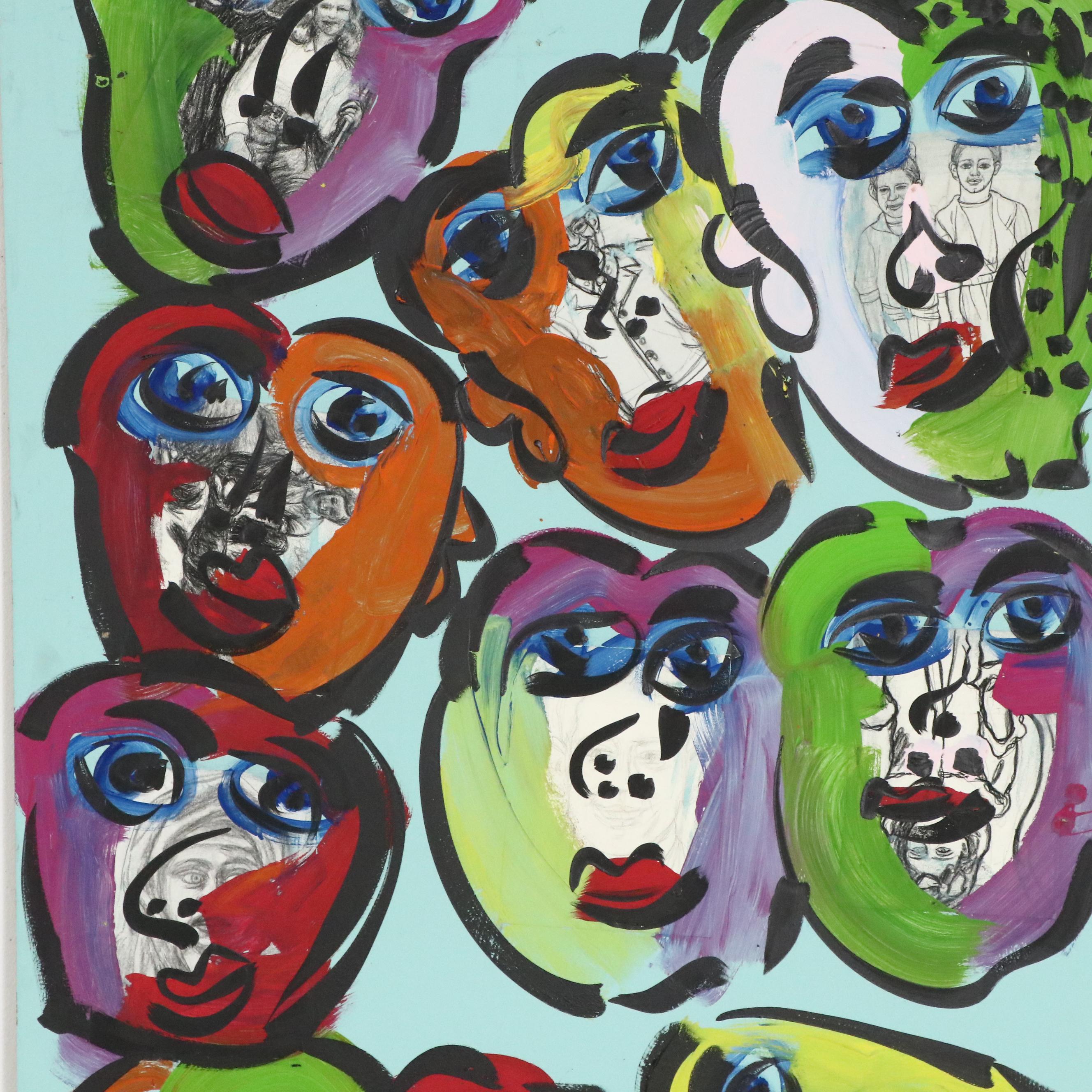 Large-Scale Peter Kiel Many Faces Multicolor Abstract Acrylic Painting
