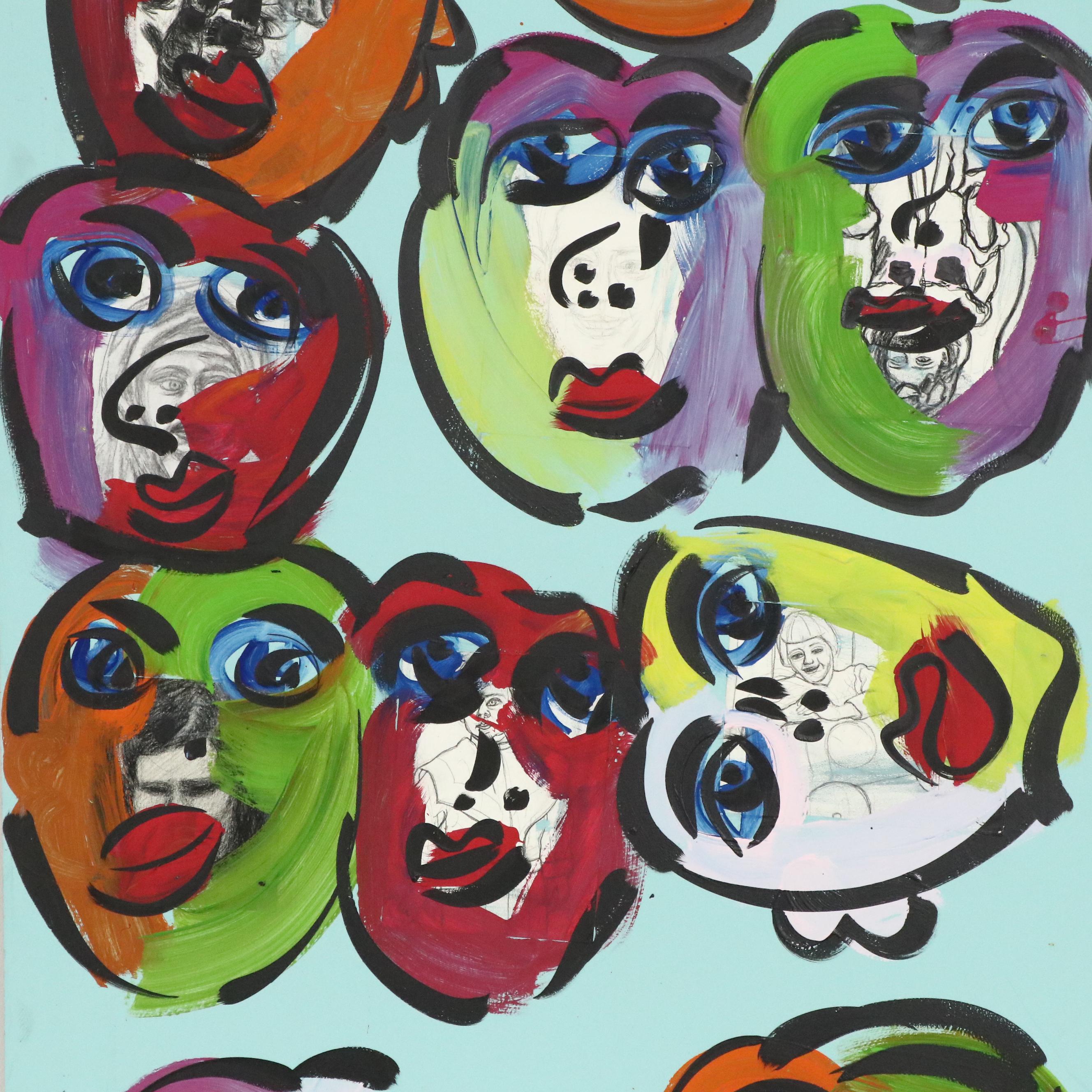 Large-Scale Peter Kiel Many Faces Multicolor Abstract Acrylic Painting