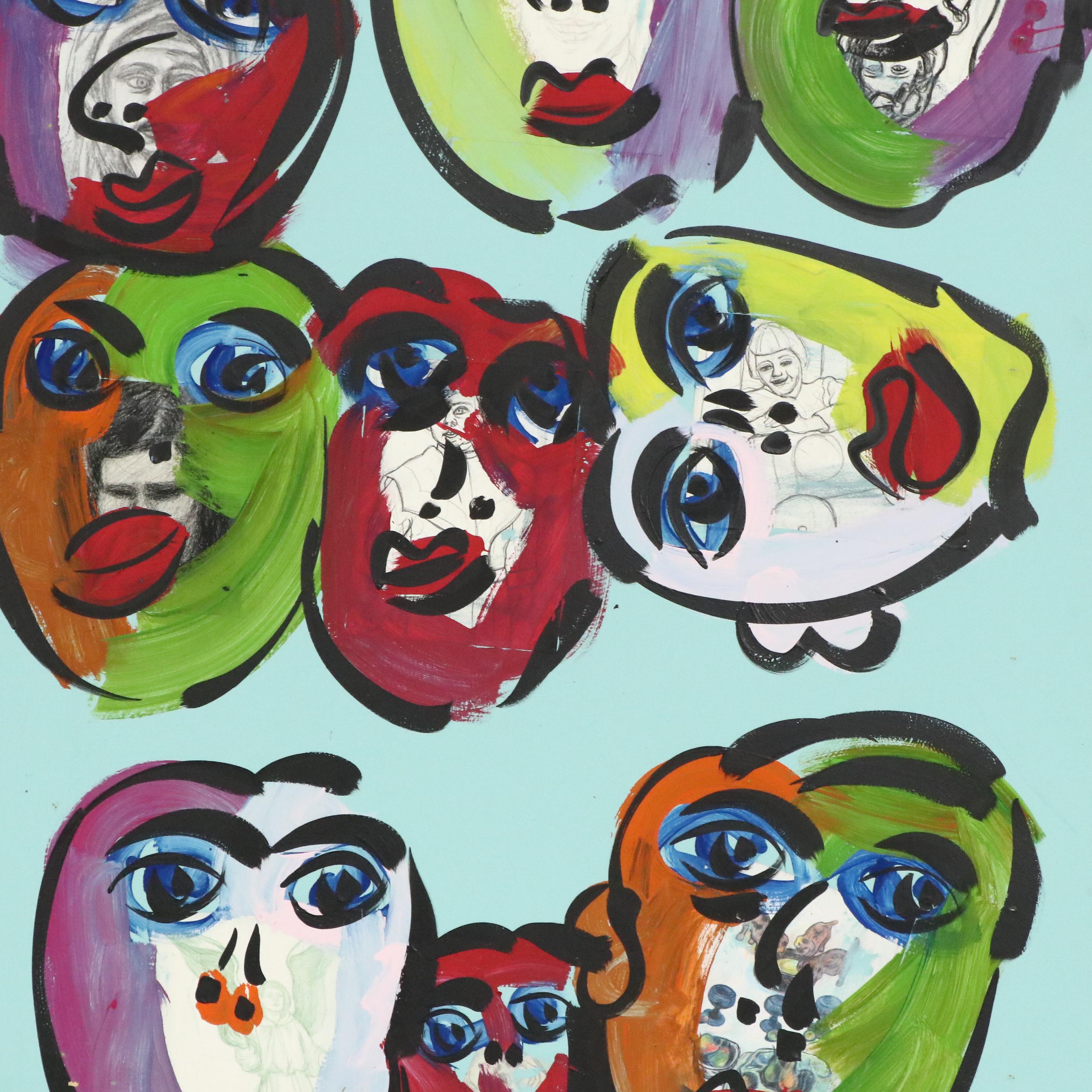 Large-Scale Peter Kiel Many Faces Multicolor Abstract Acrylic Painting