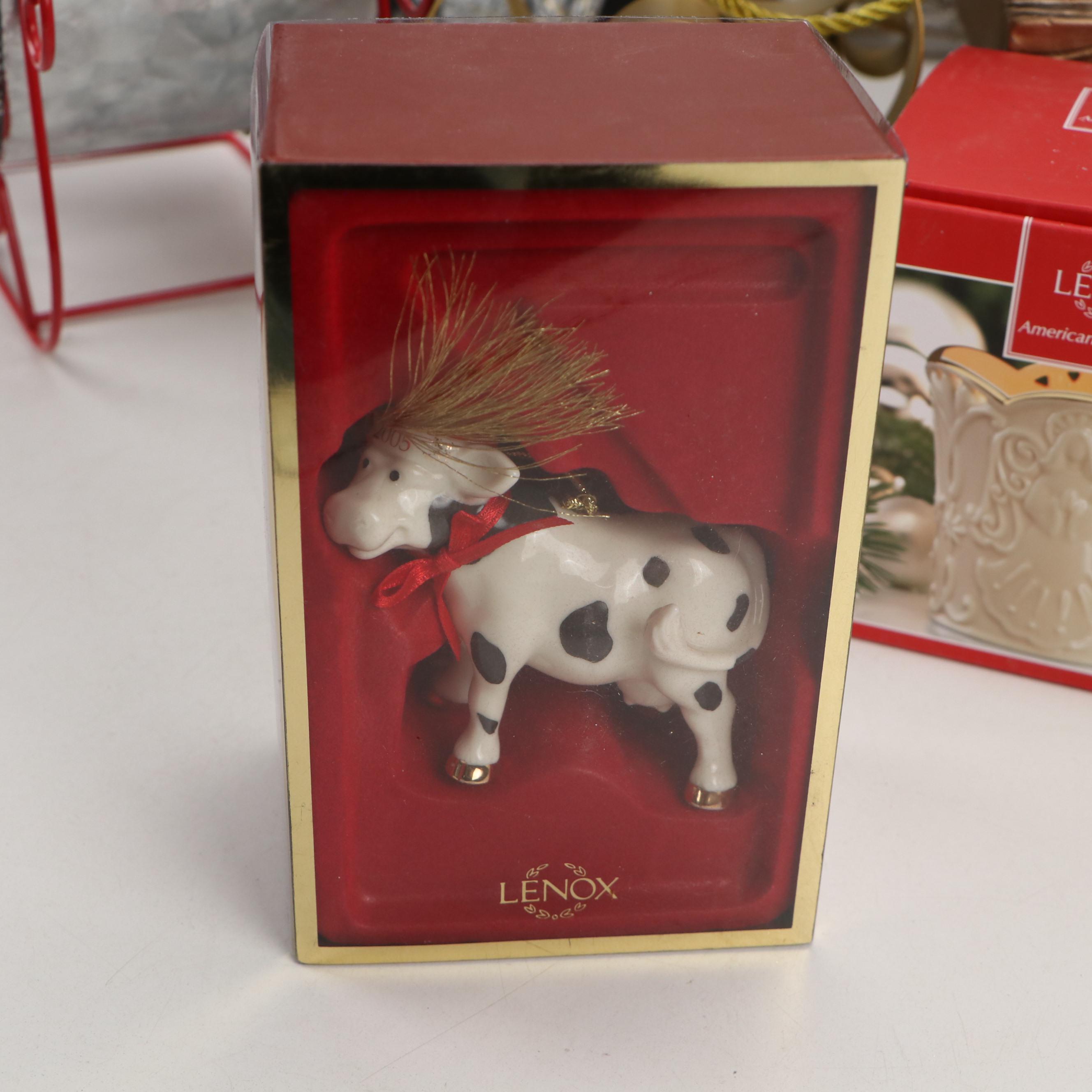 Lenox and Pandora Ceramic Ornaments with Light Up Trees and Resin Elf Sleigh