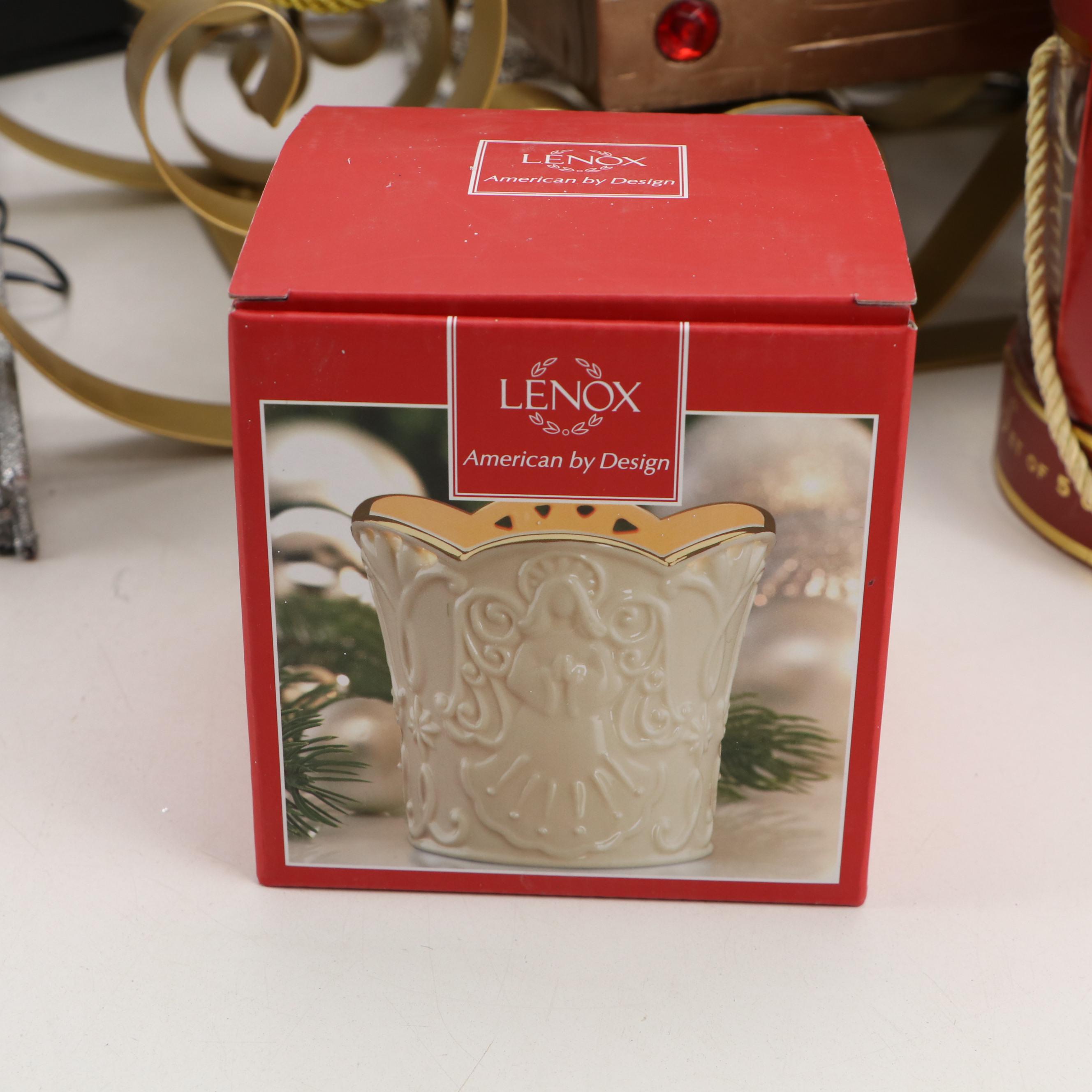 Lenox and Pandora Ceramic Ornaments with Light Up Trees and Resin Elf Sleigh