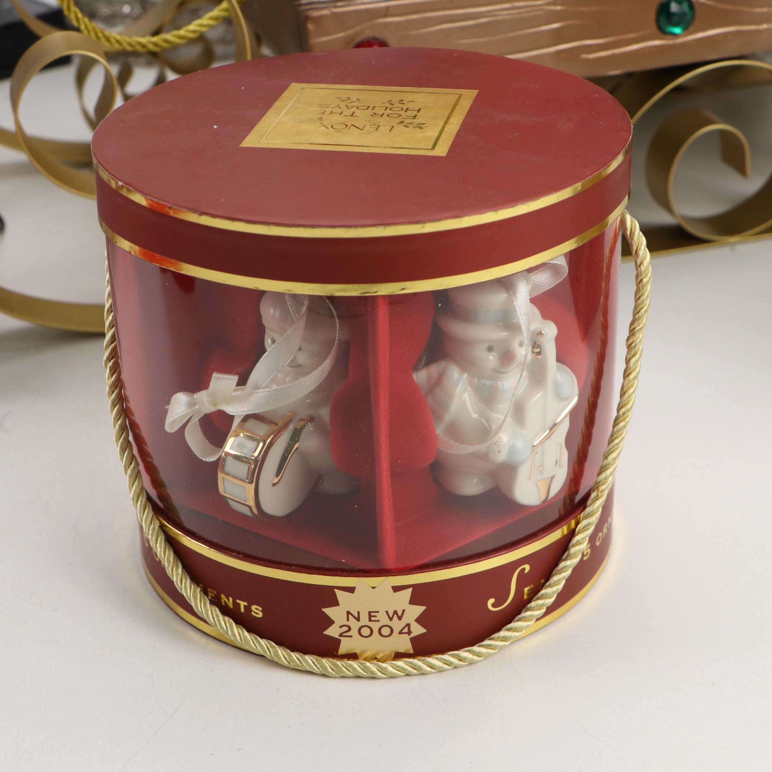 Lenox and Pandora Ceramic Ornaments with Light Up Trees and Resin Elf Sleigh