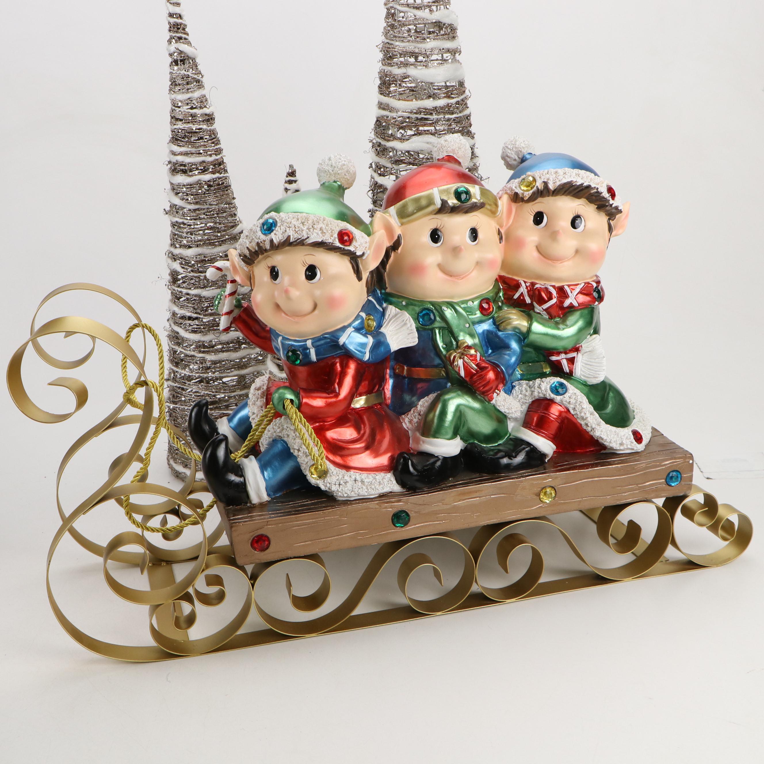 Lenox and Pandora Ceramic Ornaments with Light Up Trees and Resin Elf Sleigh