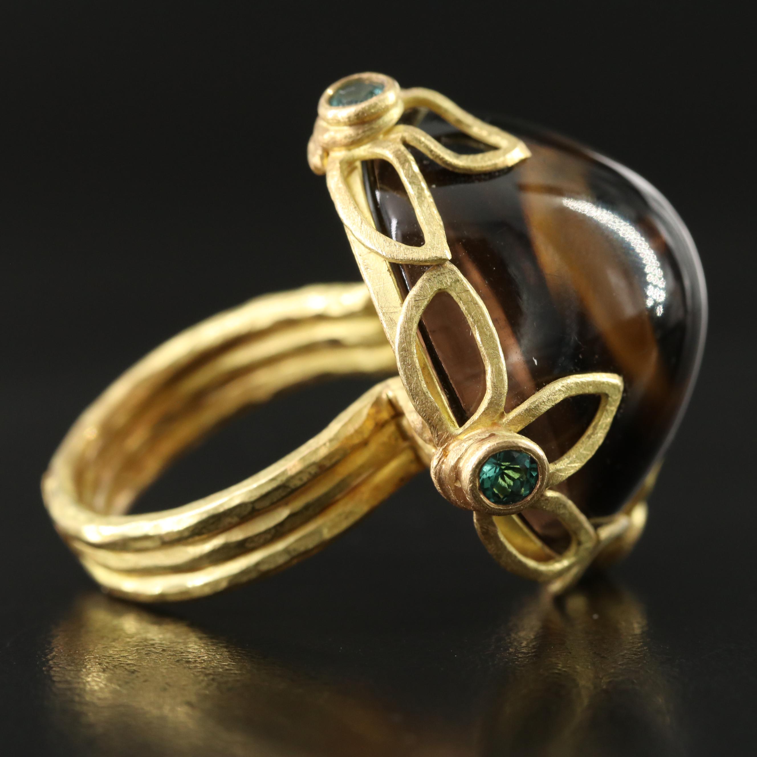 18K 82.24 CT Smoky Quartz and Tourmaline Ring
