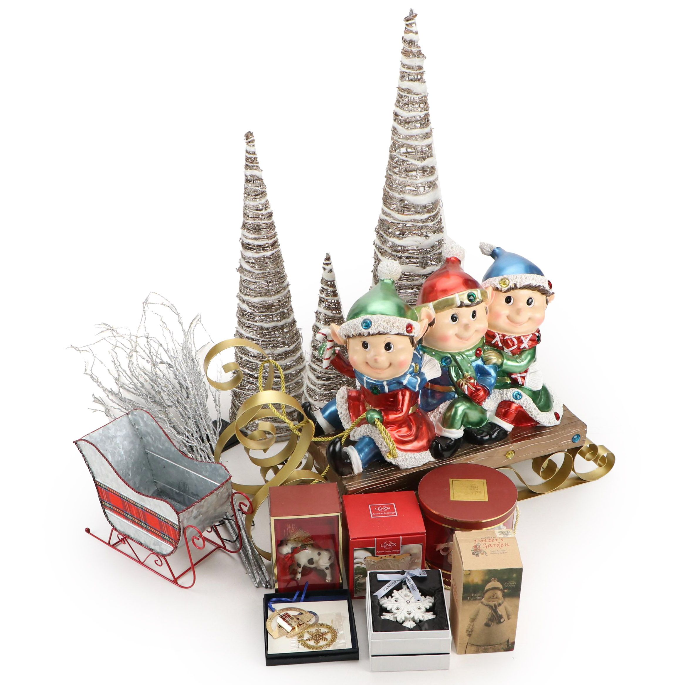 Lenox and Pandora Ceramic Ornaments with Light Up Trees and Resin Elf Sleigh