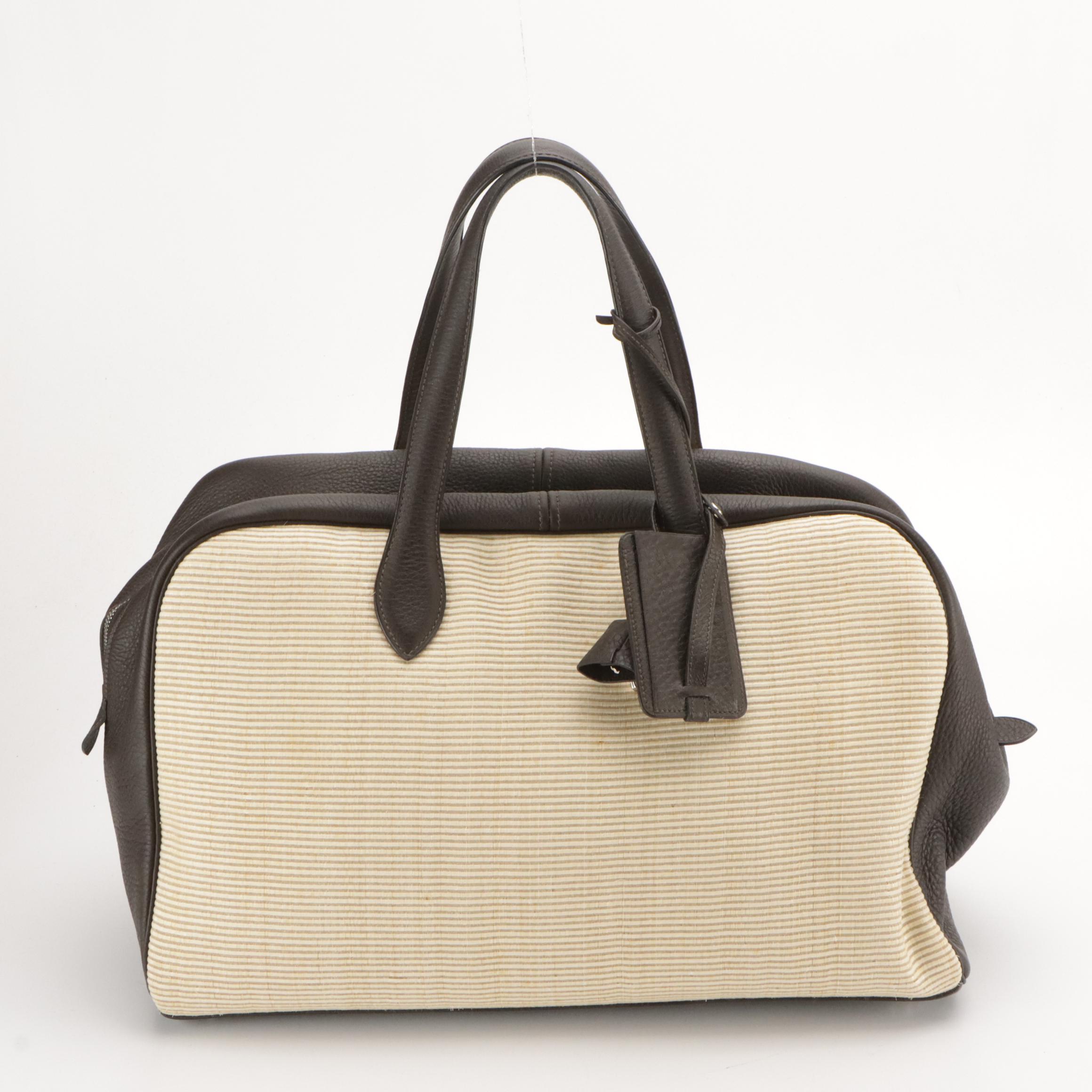 Hermès Victoria II 43 Bag in Natural Woven Fibers and Dark Brown Grained Leather