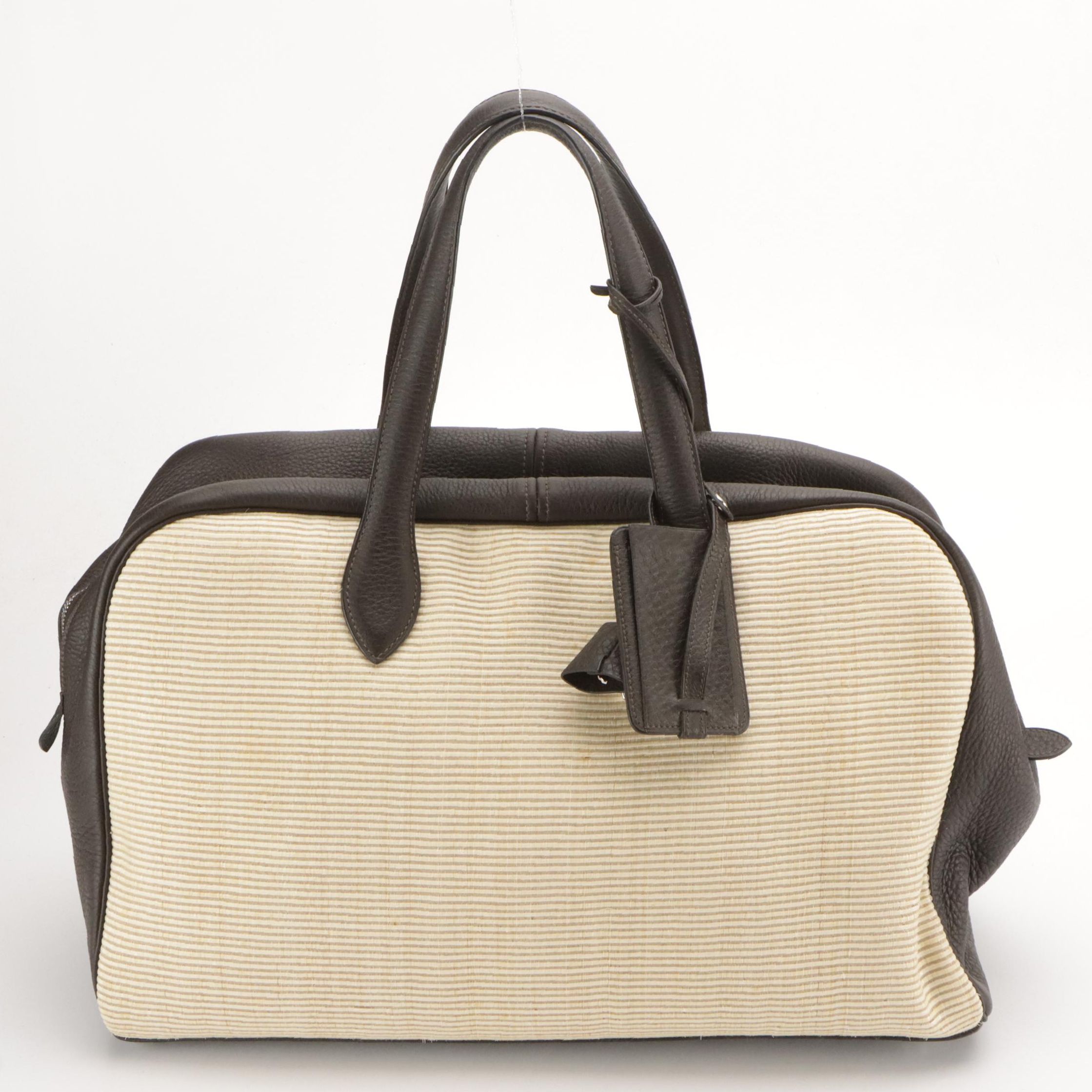 Hermès Victoria II 43 Bag in Natural Woven Fibers and Dark Brown Grained Leather