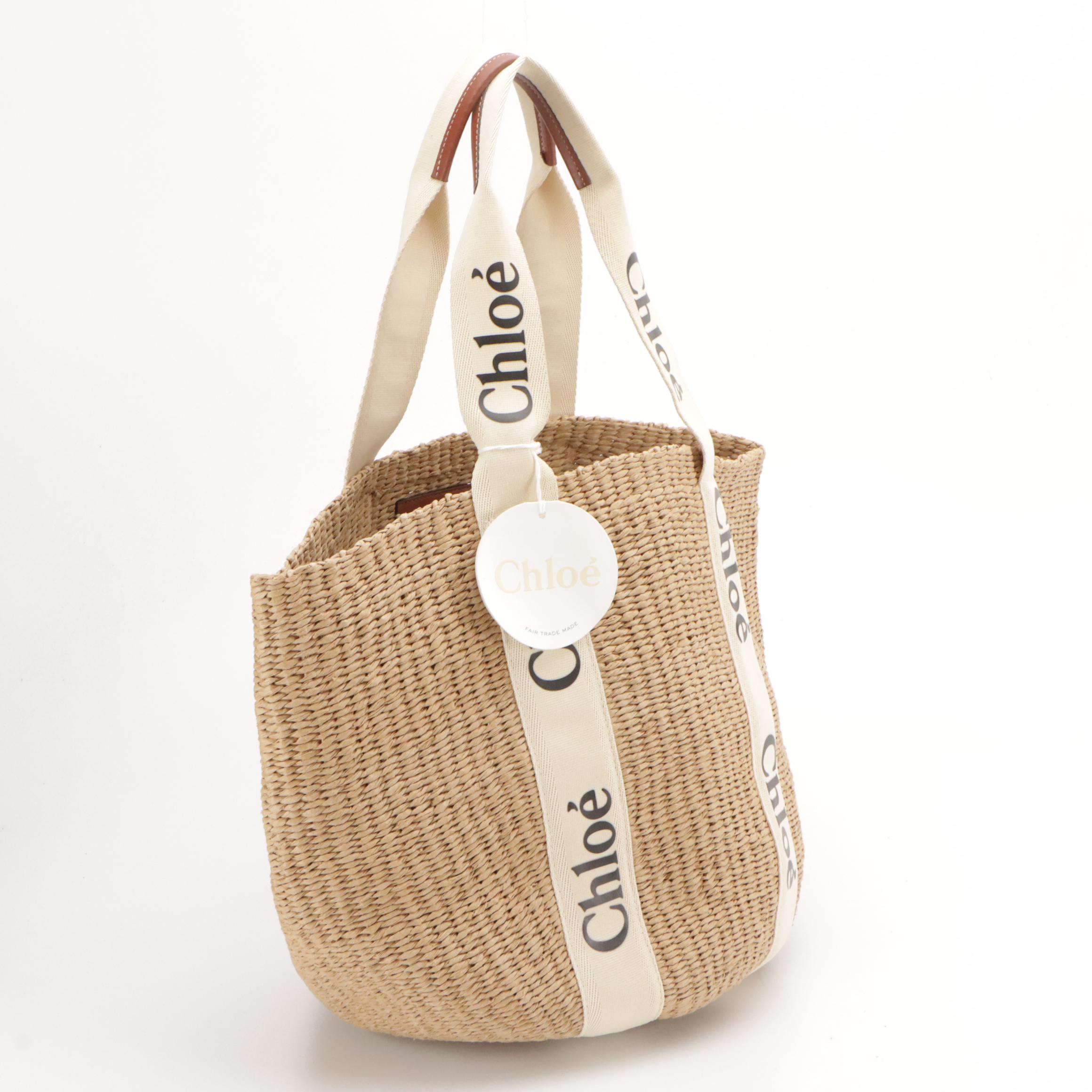 Chloé x Mifuko Large Woody Basket Bag in Handwoven Natural Fibers & Ribbon Trim