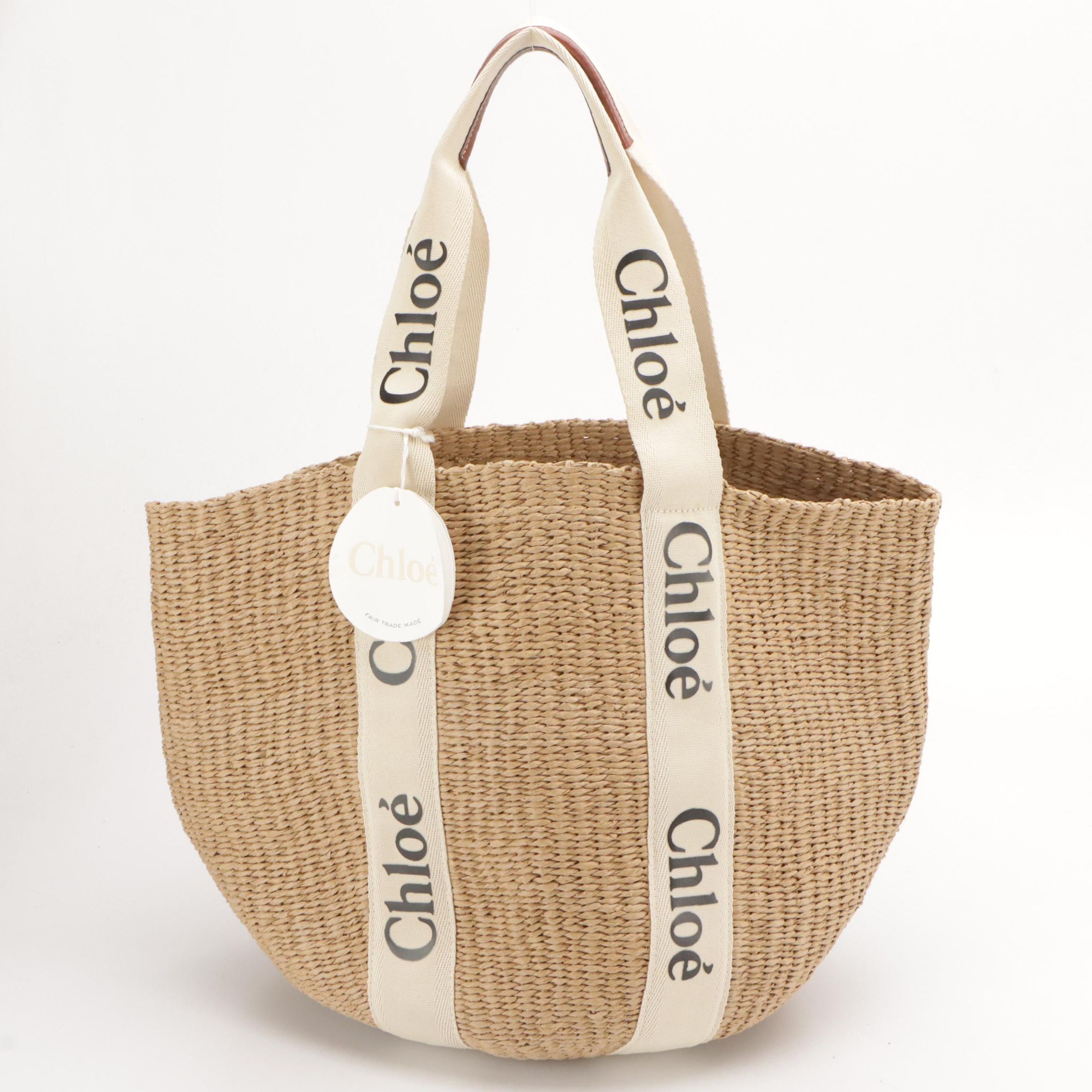 Chloé x Mifuko Large Woody Basket Bag in Handwoven Natural Fibers & Ribbon Trim