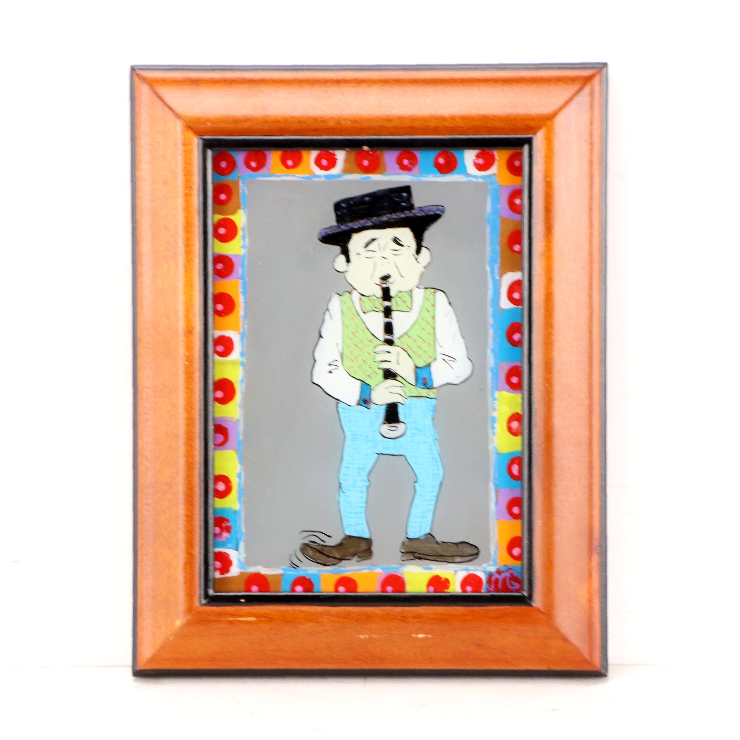 Mitch G. Figural Stylized Reverse Glass Acrylic Painting of Musician