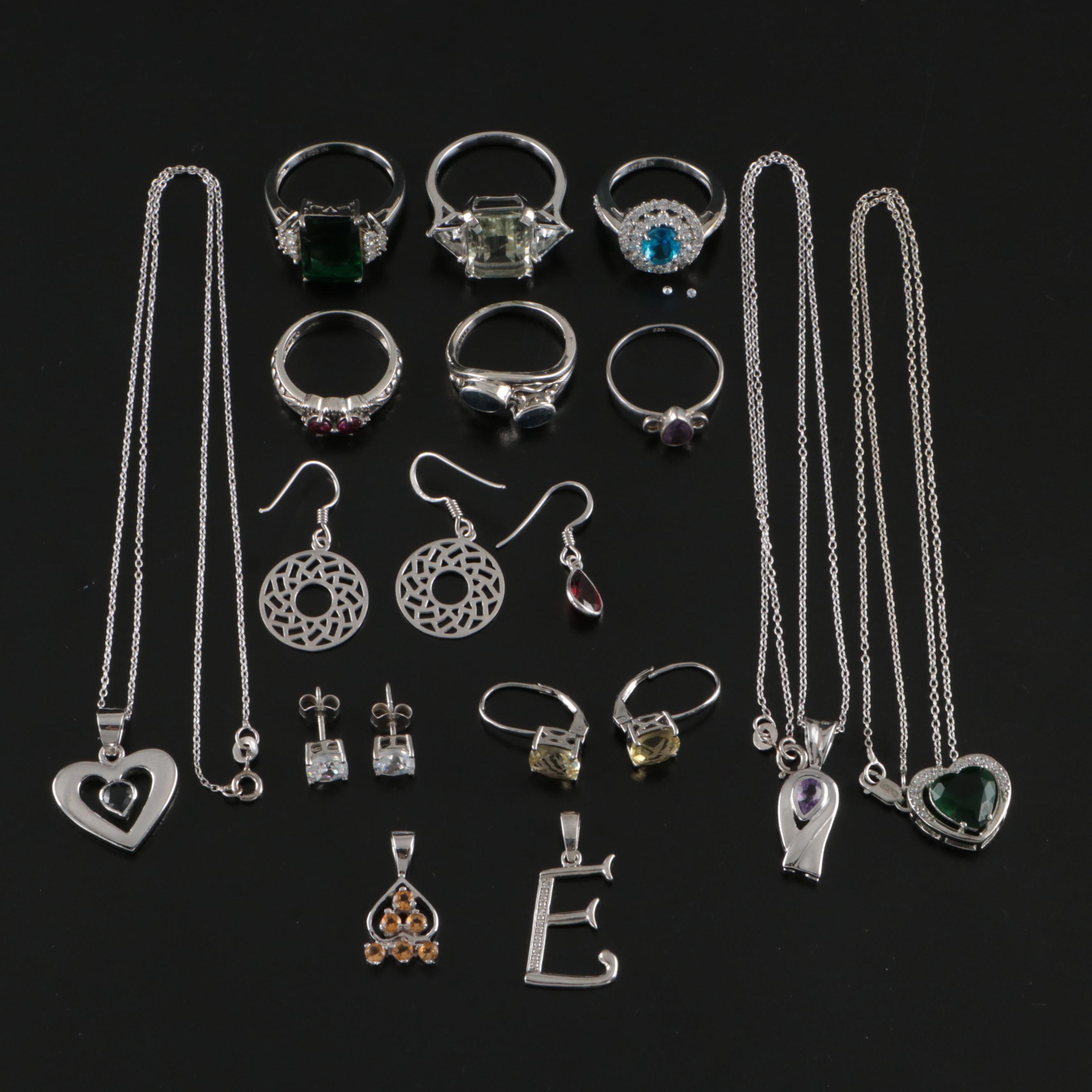 14 Assorted Sterling Silver Rings, Necklaces, Earrings, and Pendants