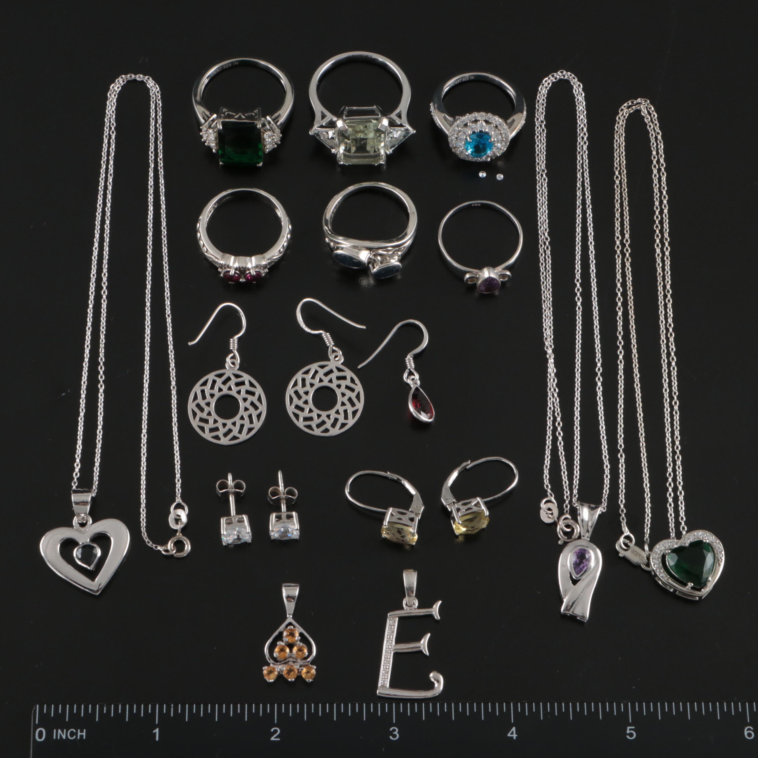 14 Assorted Sterling Silver Rings, Necklaces, Earrings, and Pendants
