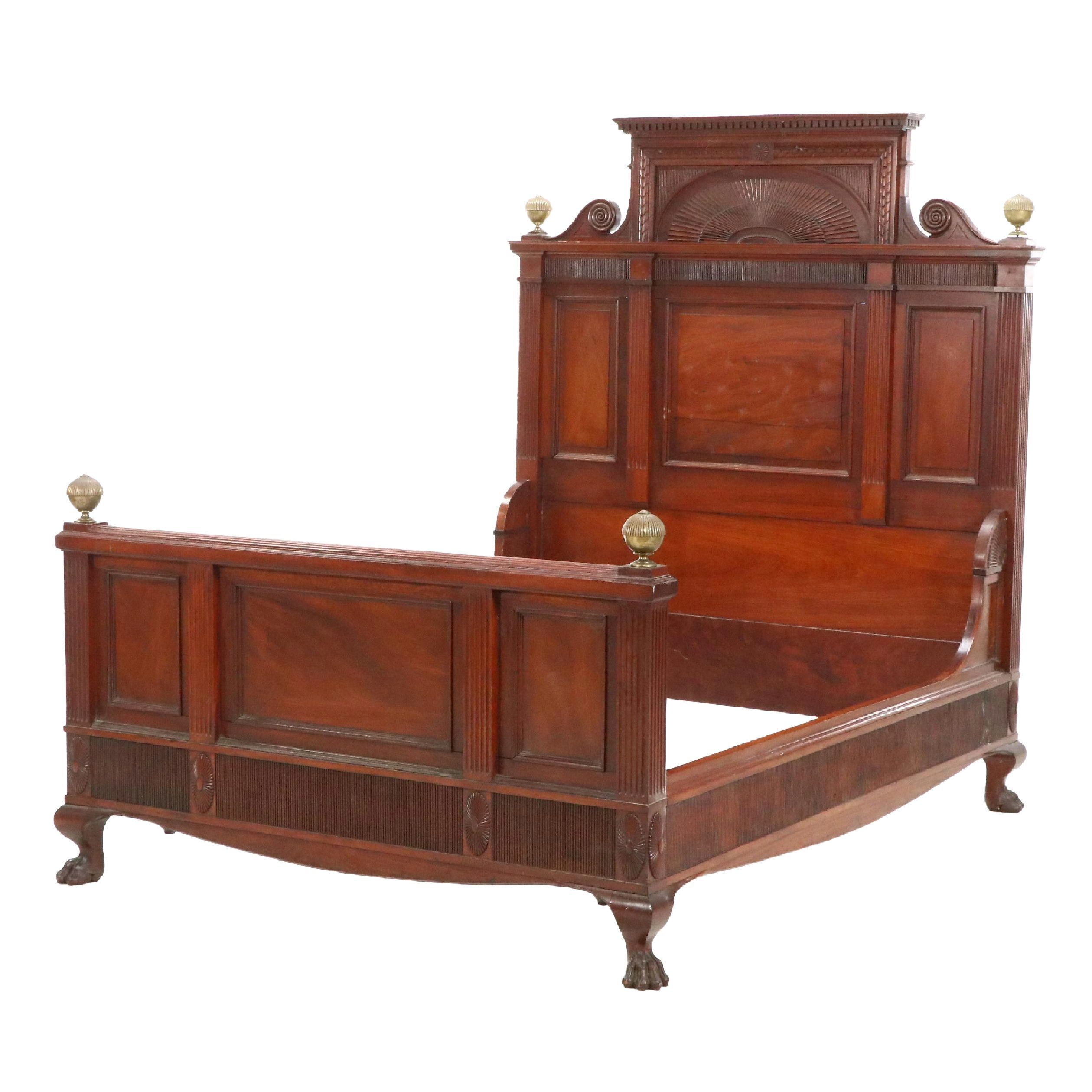 Chippendale Style Brass-Mounted and Carved Mahogany Full Bed, Early 20th Century
