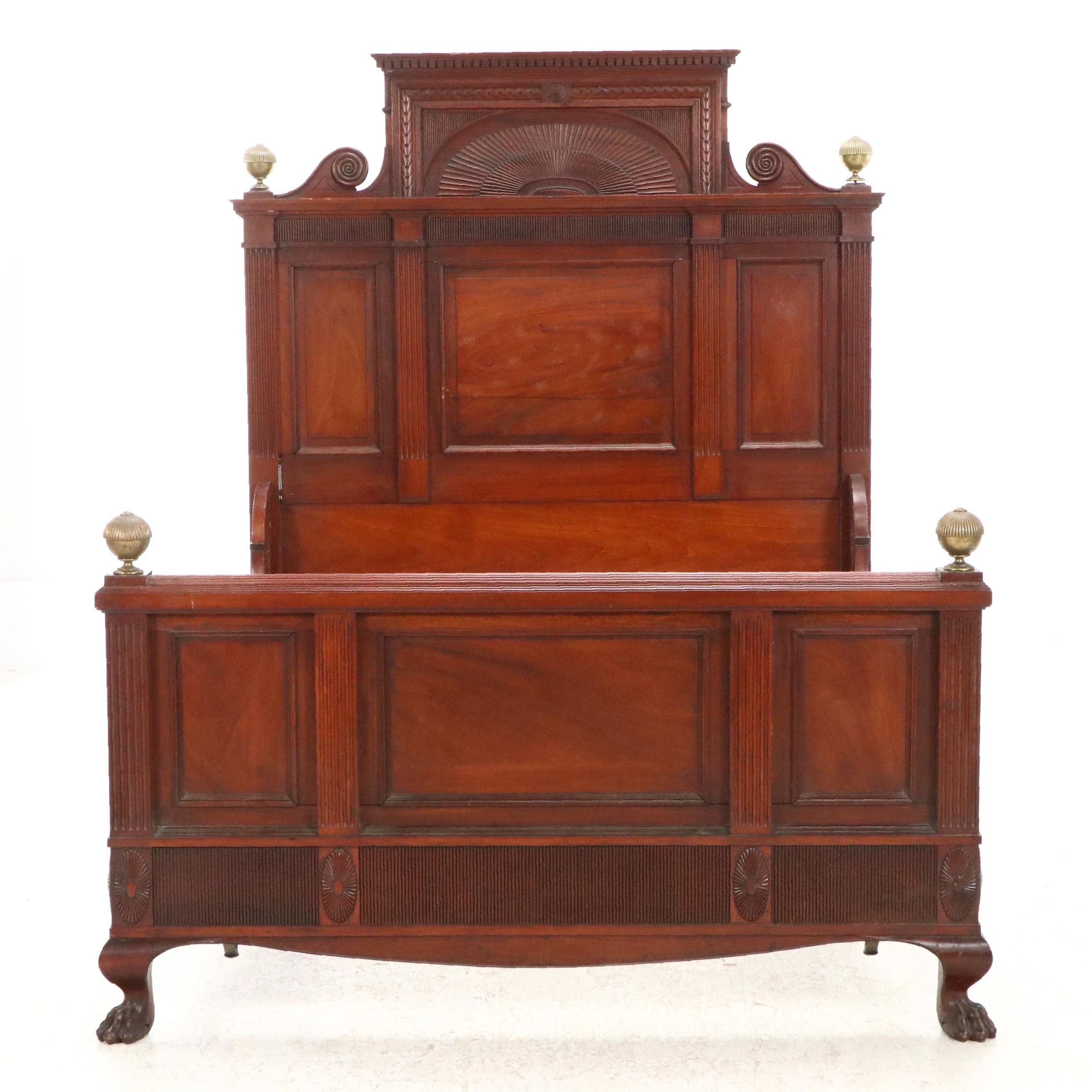 Chippendale Style Brass-Mounted and Carved Mahogany Full Bed, Early 20th Century