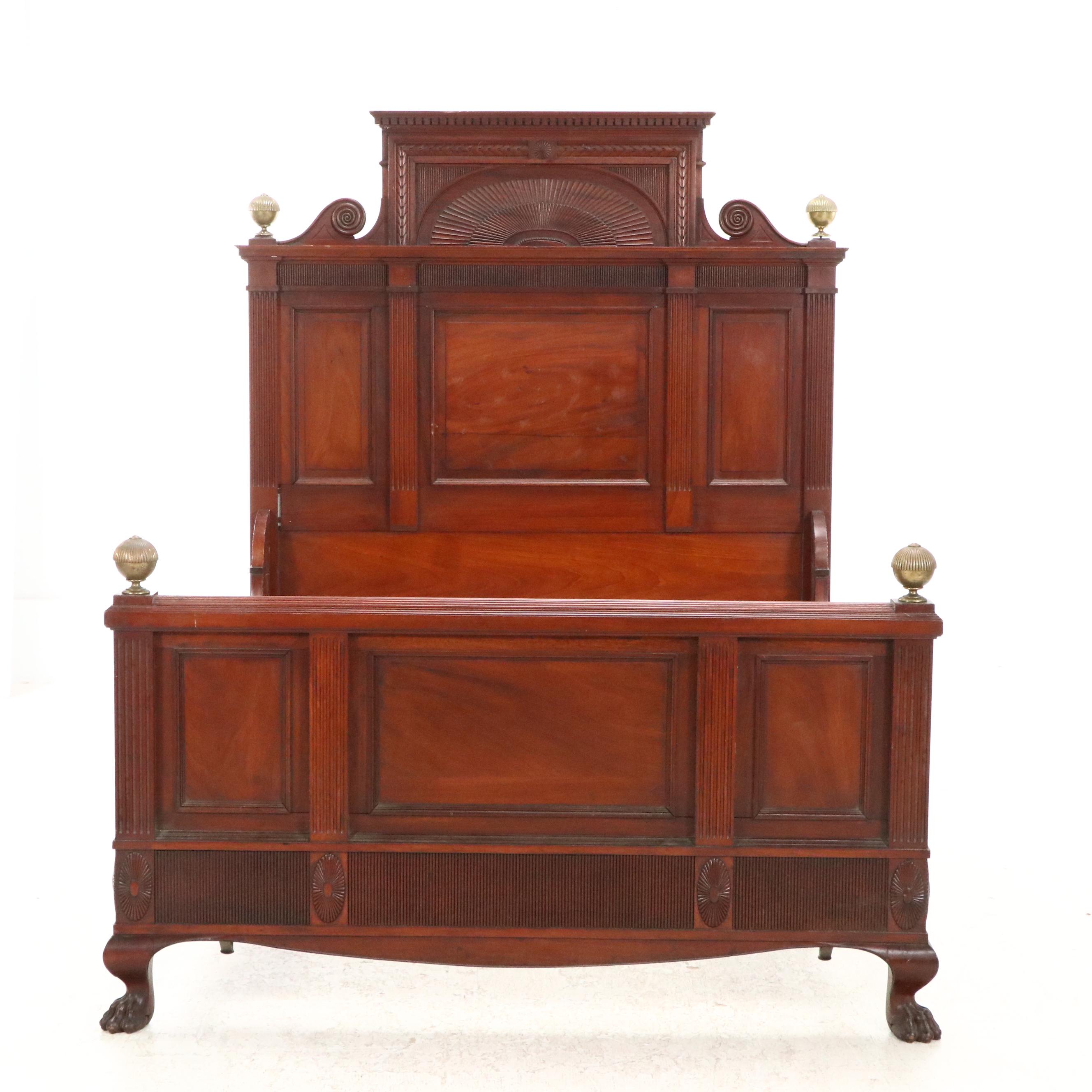 Chippendale Style Brass-Mounted and Carved Mahogany Full Bed, Early 20th Century