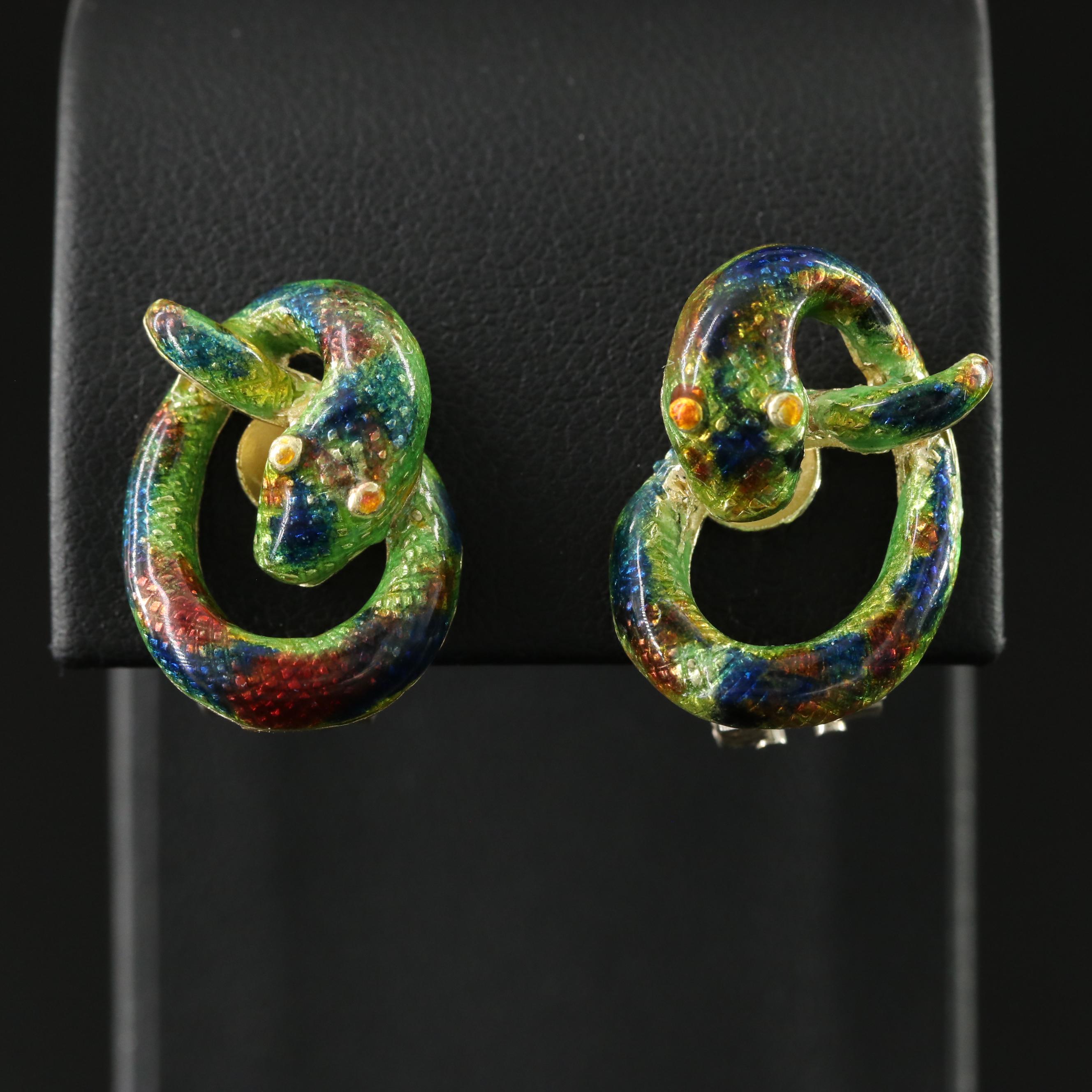 14K Enamel Coiled Snake Earrings