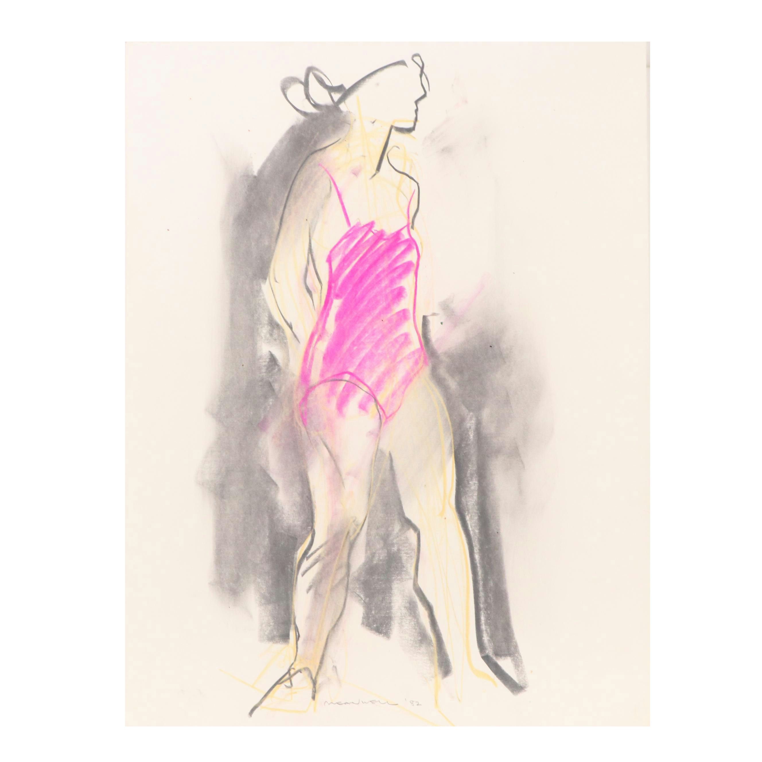 Jack Meanwell Figural Modern Oil Pastel Drawing, 1982