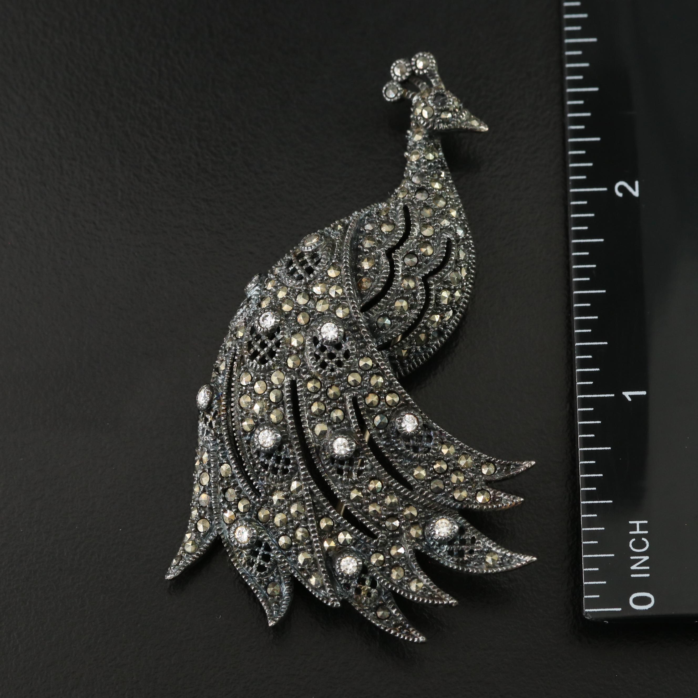 Judith Jack Sterling Marcasite, CZ and Spinel Peacock Brooch