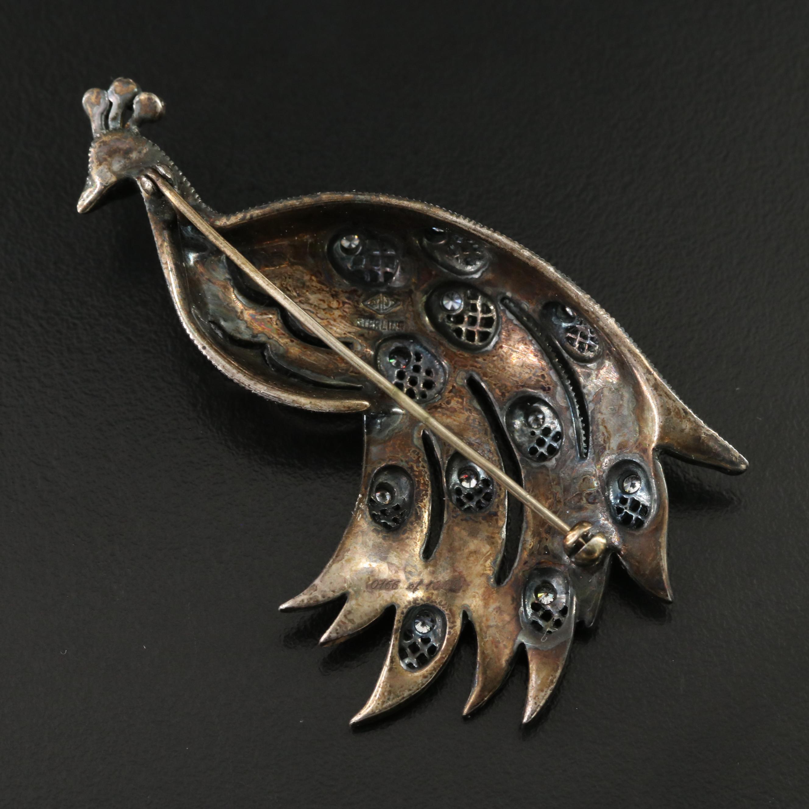 Judith Jack Sterling Marcasite, CZ and Spinel Peacock Brooch