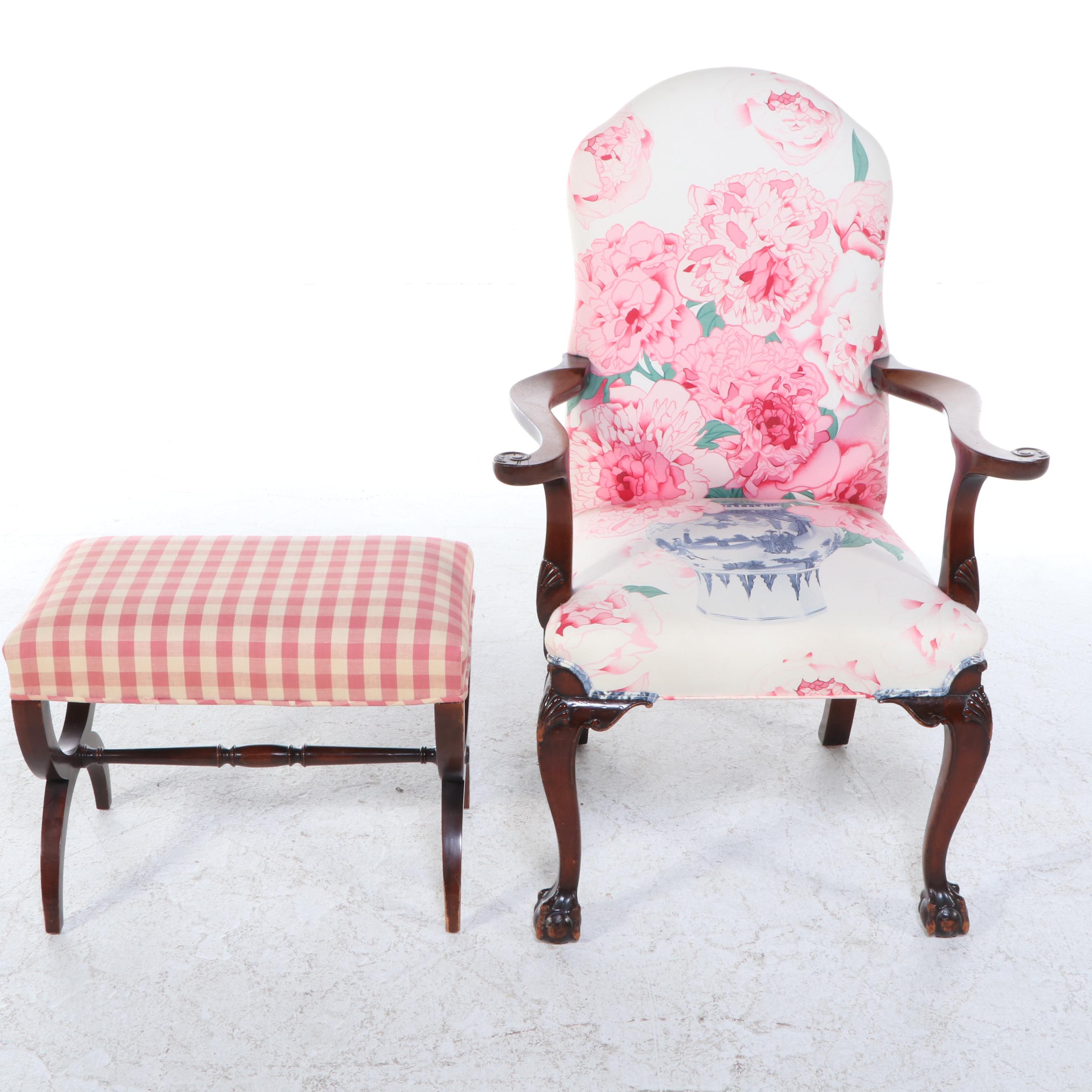 Chippendale Style Armchair with Ottoman, Late 20th Century
