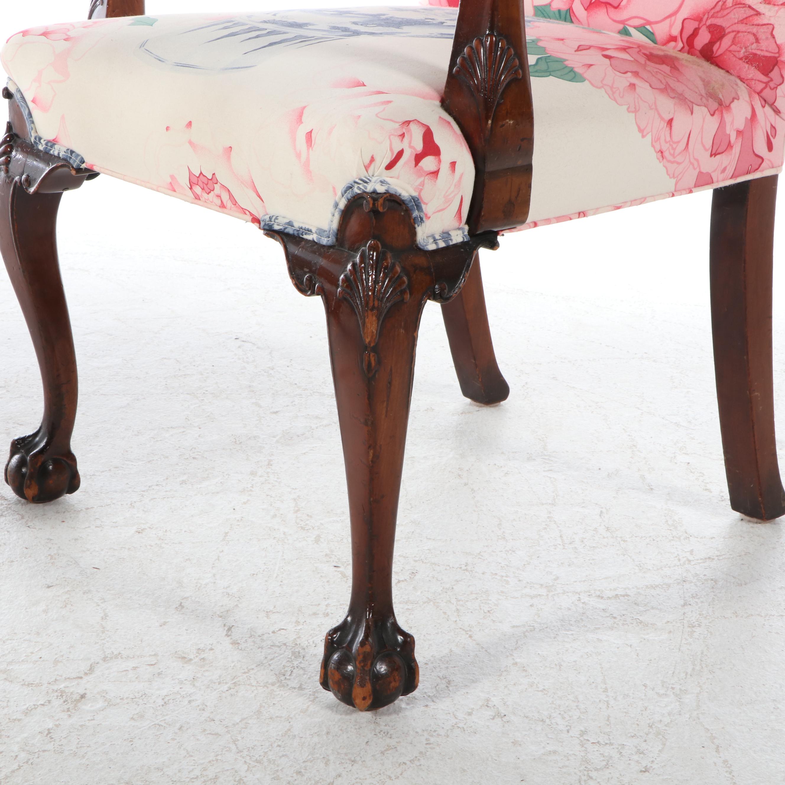 Chippendale Style Armchair with Ottoman, Late 20th Century