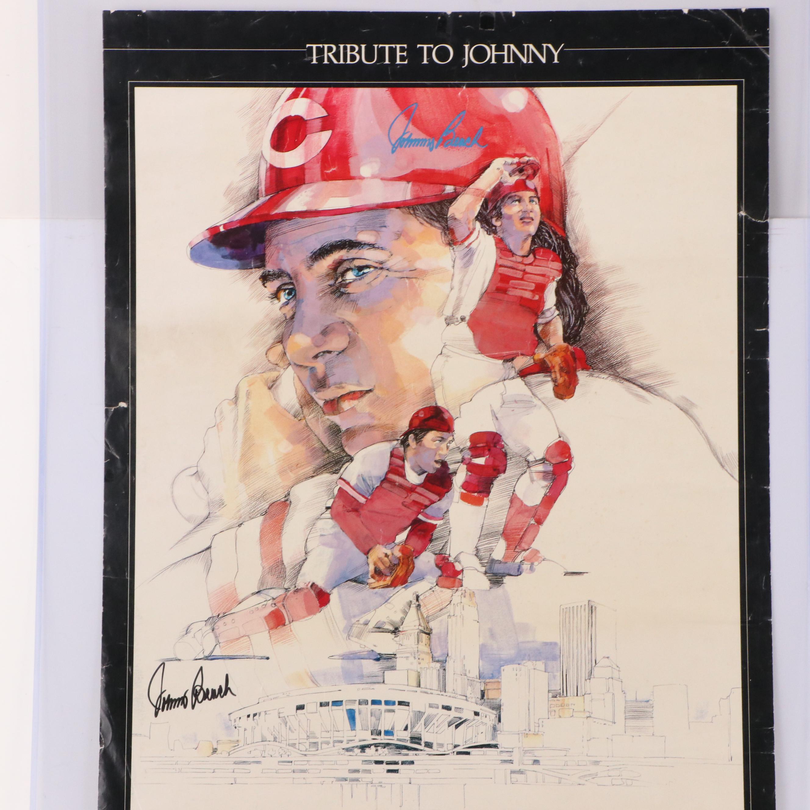 Johnny Bench Signed "Tribute To Johnny" Cincinnati Reds Poster with More