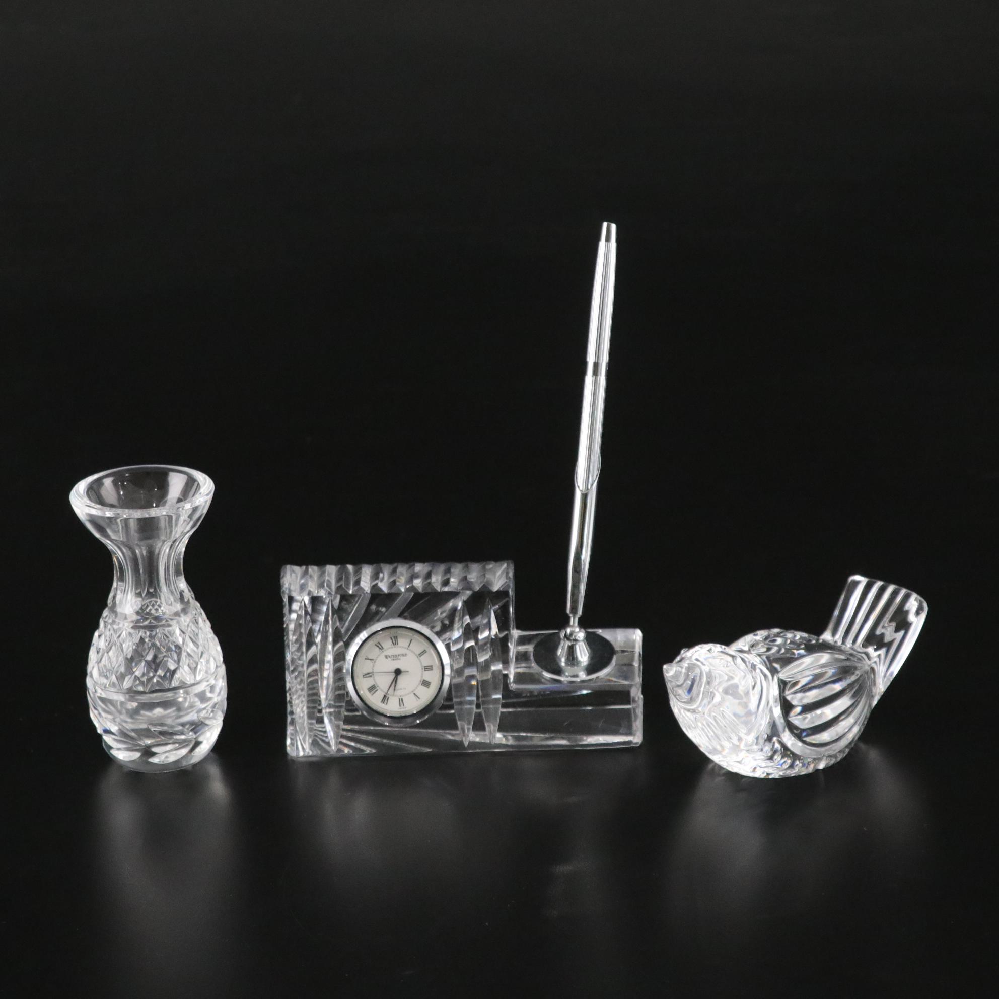 Waterford Crystal Bird Figurine, Clock & Pen Holder with Bud Vase