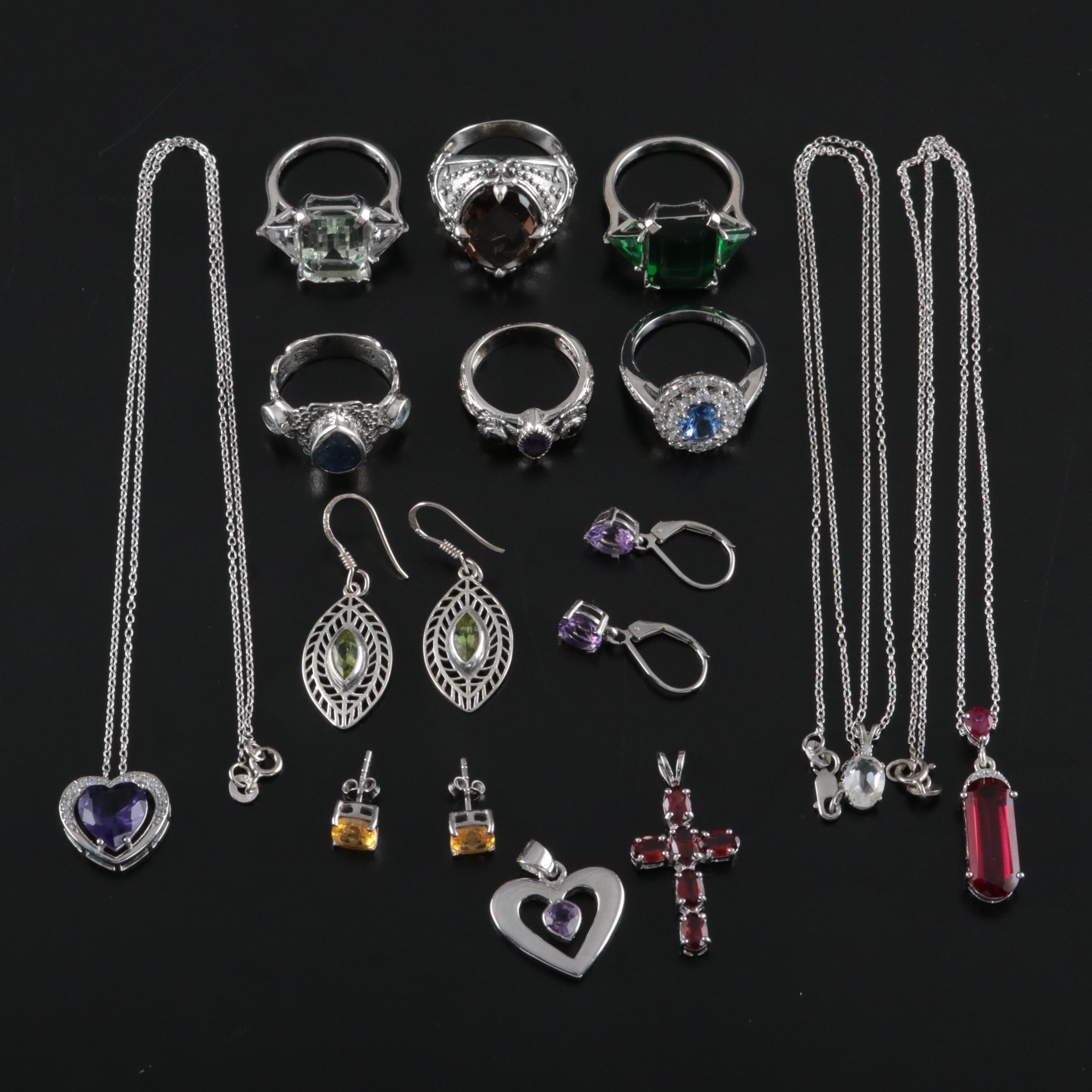 14 Assorted Sterling Silver Rings, Necklaces, Earrings, and Pendants