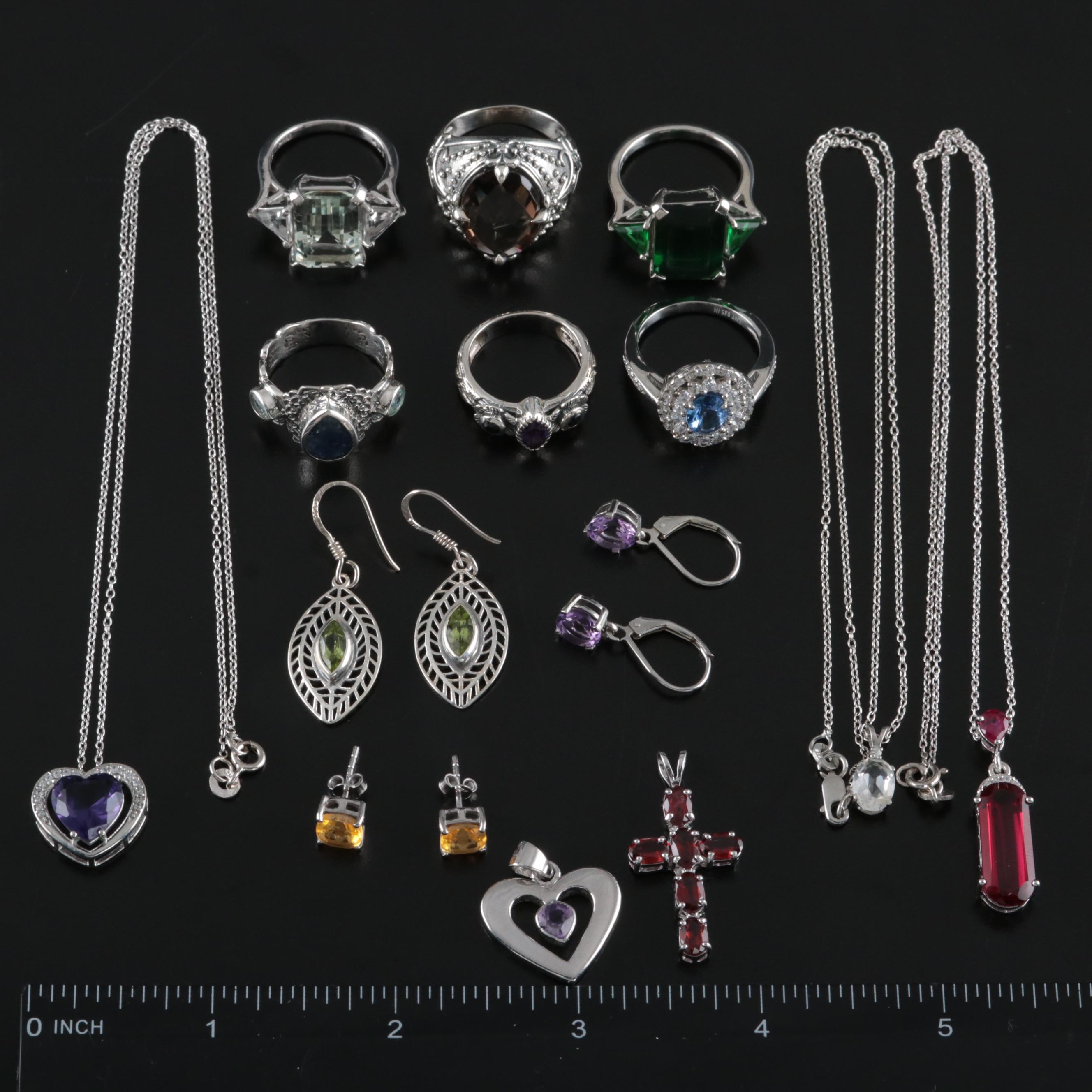14 Assorted Sterling Silver Rings, Necklaces, Earrings, and Pendants