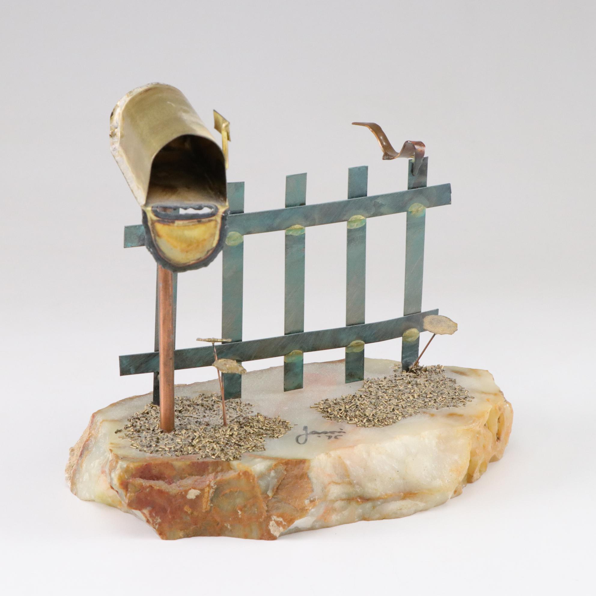 Mario Jason "Mailbox, Fence and Bird" Metal Sculpture on Stone Base, 1975